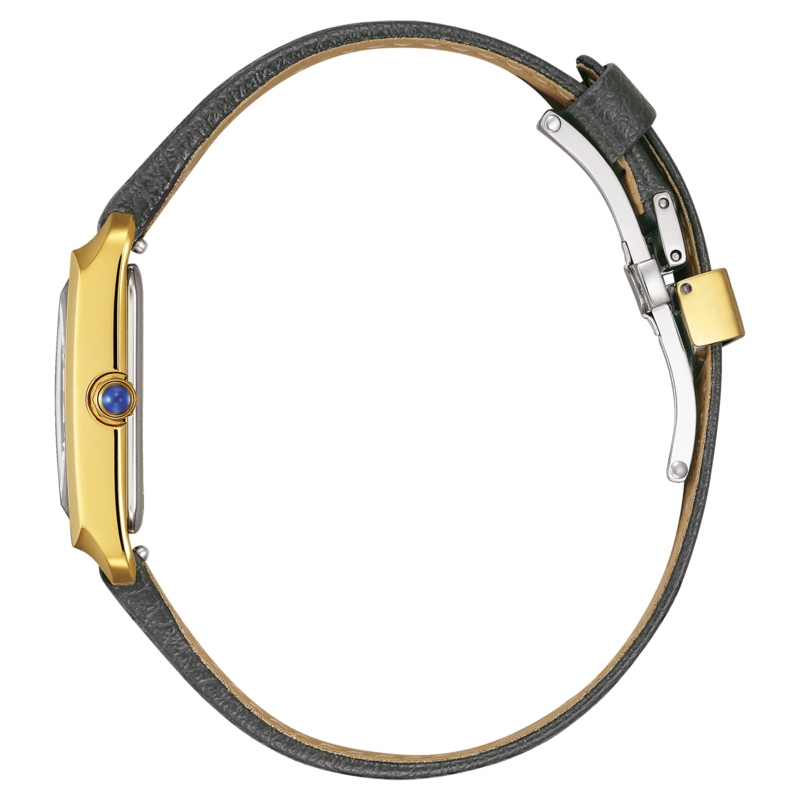 Goldene Uhr mit blauem Edelstein und schwarzem Lederarmband, Seitenansicht.