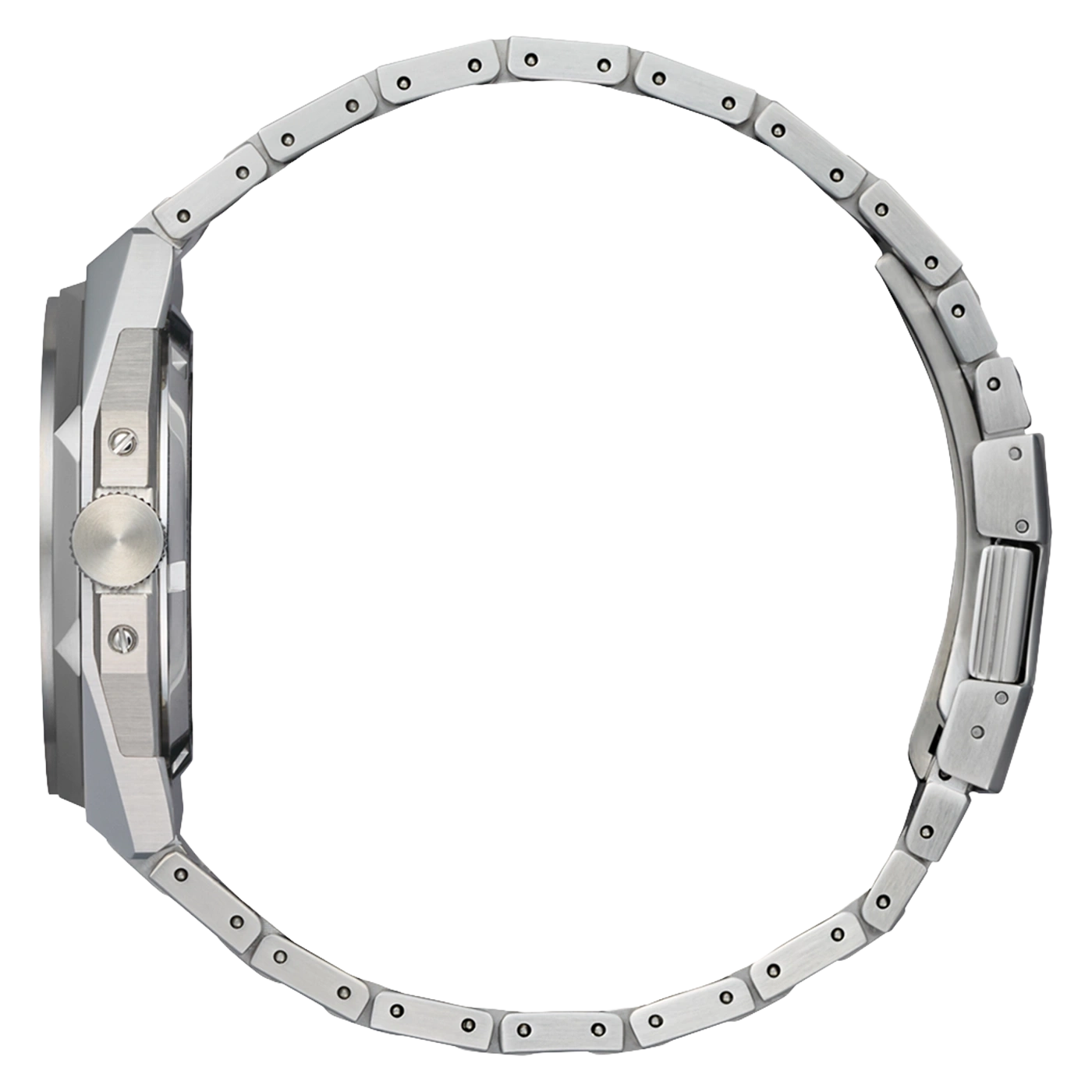 Seitenansicht einer silbernen Metalluhr mit Gliederarmband.