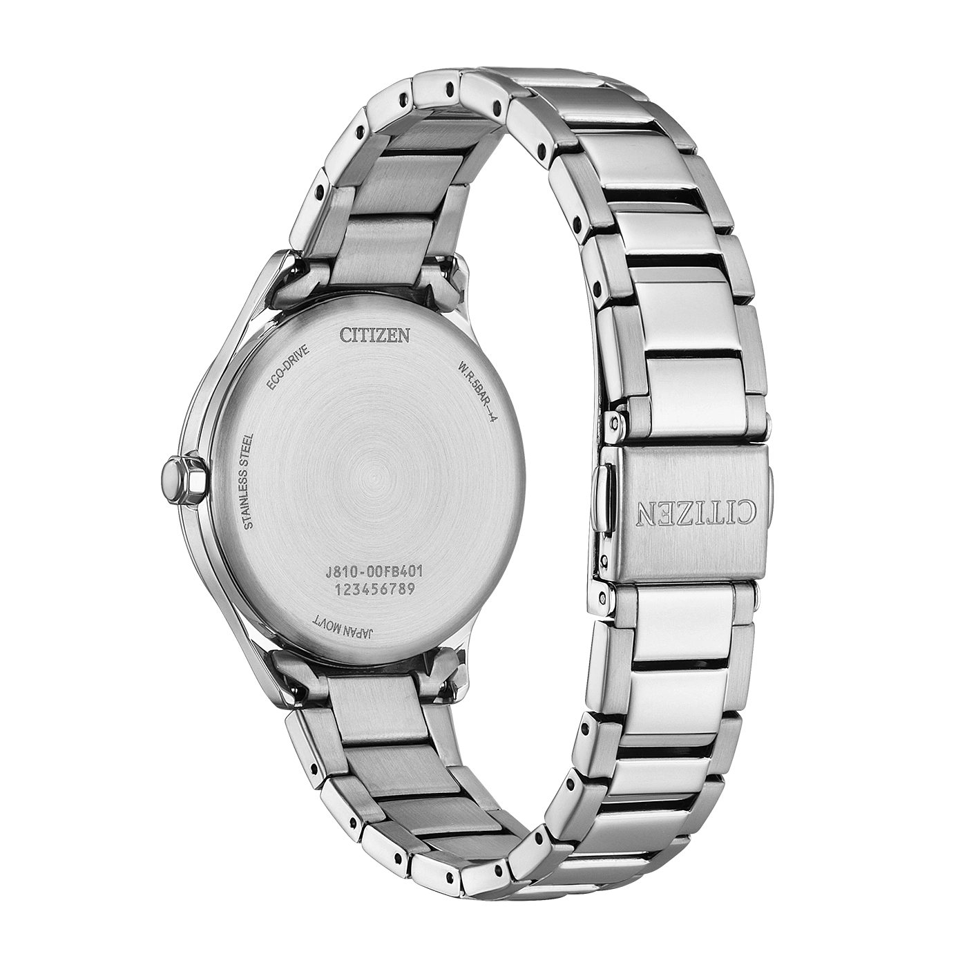 Rückseite einer silbernen Citizen Eco-Drive-Uhr mit der Modellnummer J810-00FB401.