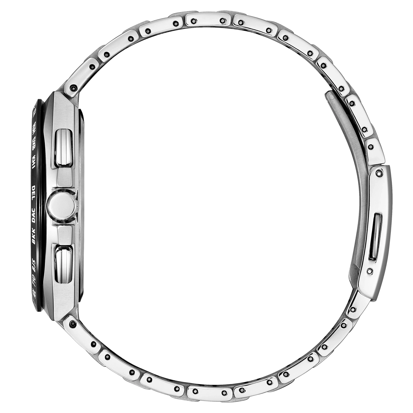 Seitenansicht einer silbernen Armbanduhr mit Metallband, Nahaufnahme.