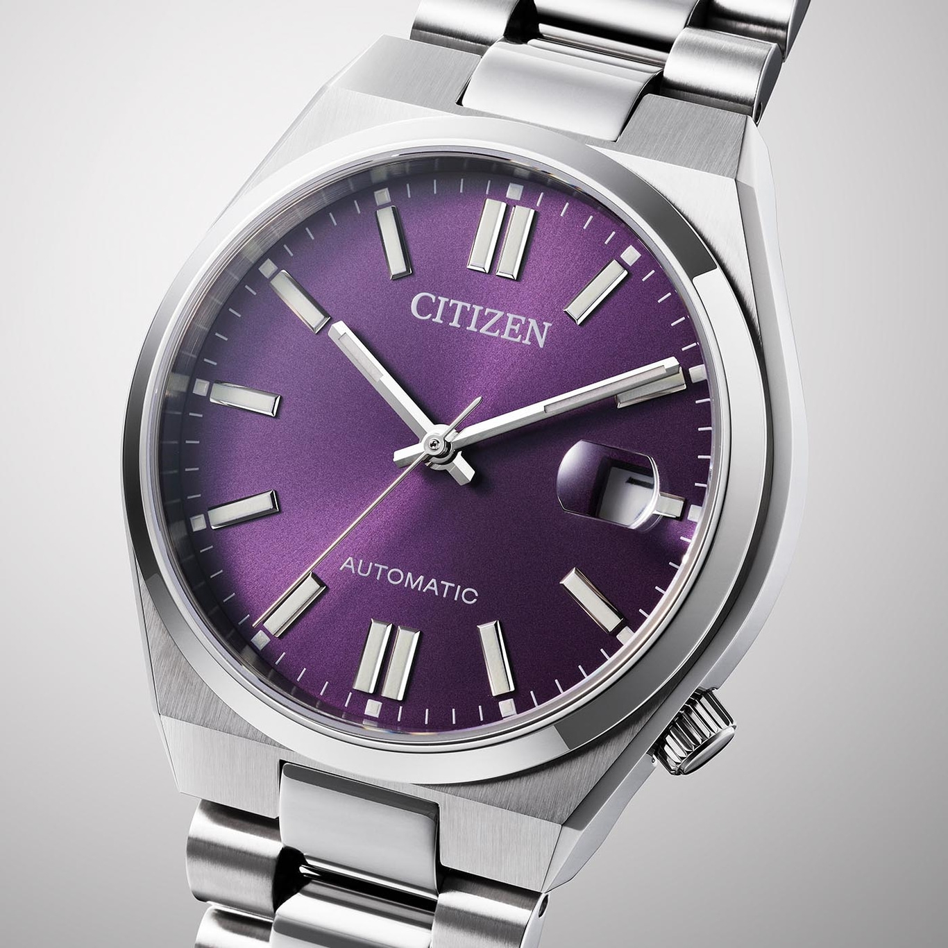 Citizen-Uhr mit lila Zifferblatt und silbernem Armband, Automatikwerk.