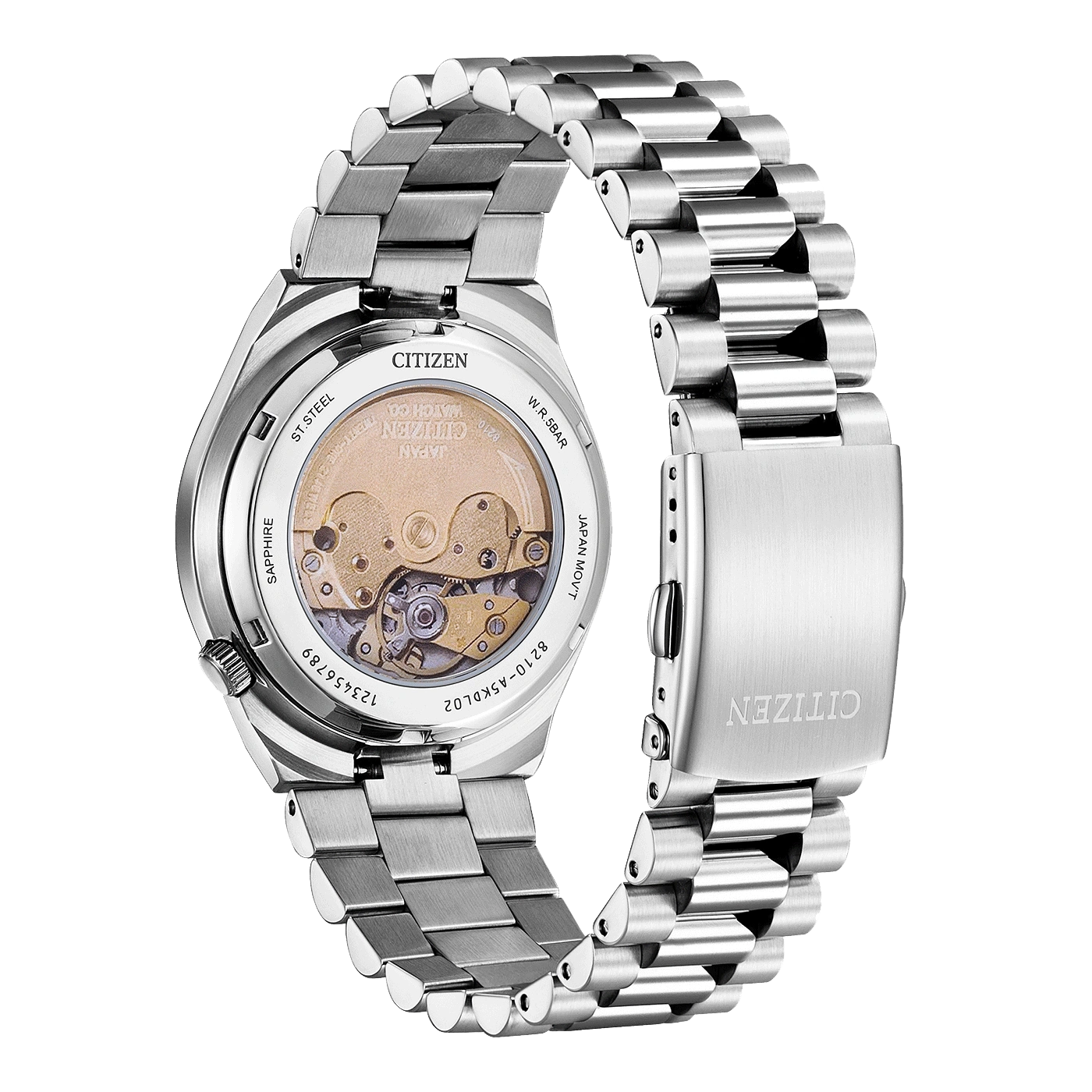 Citizen-Uhrrückseite, Stahl, Saphir, Japan-Uhrwerk, 8210-A5KDL02, W.R.5BAR, 123456789