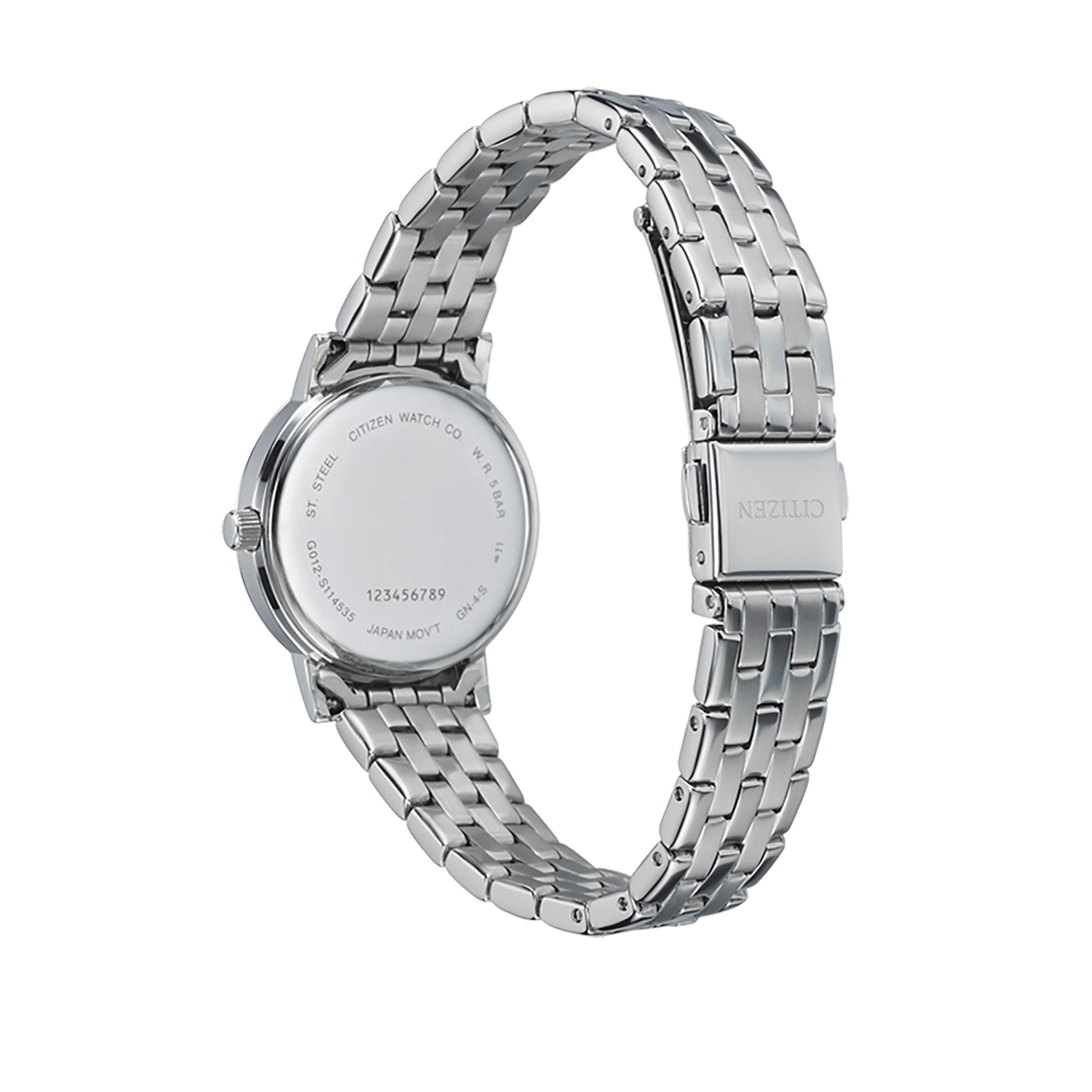 Citizen-Uhr, Edelstahl, Rückansicht, mit Markennamen und Details.
