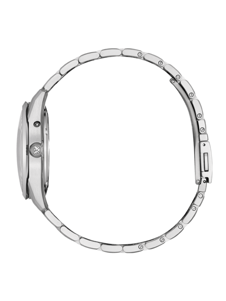 Seitenansicht einer silbernen Armbanduhr mit Metallband auf grünem Hintergrund.