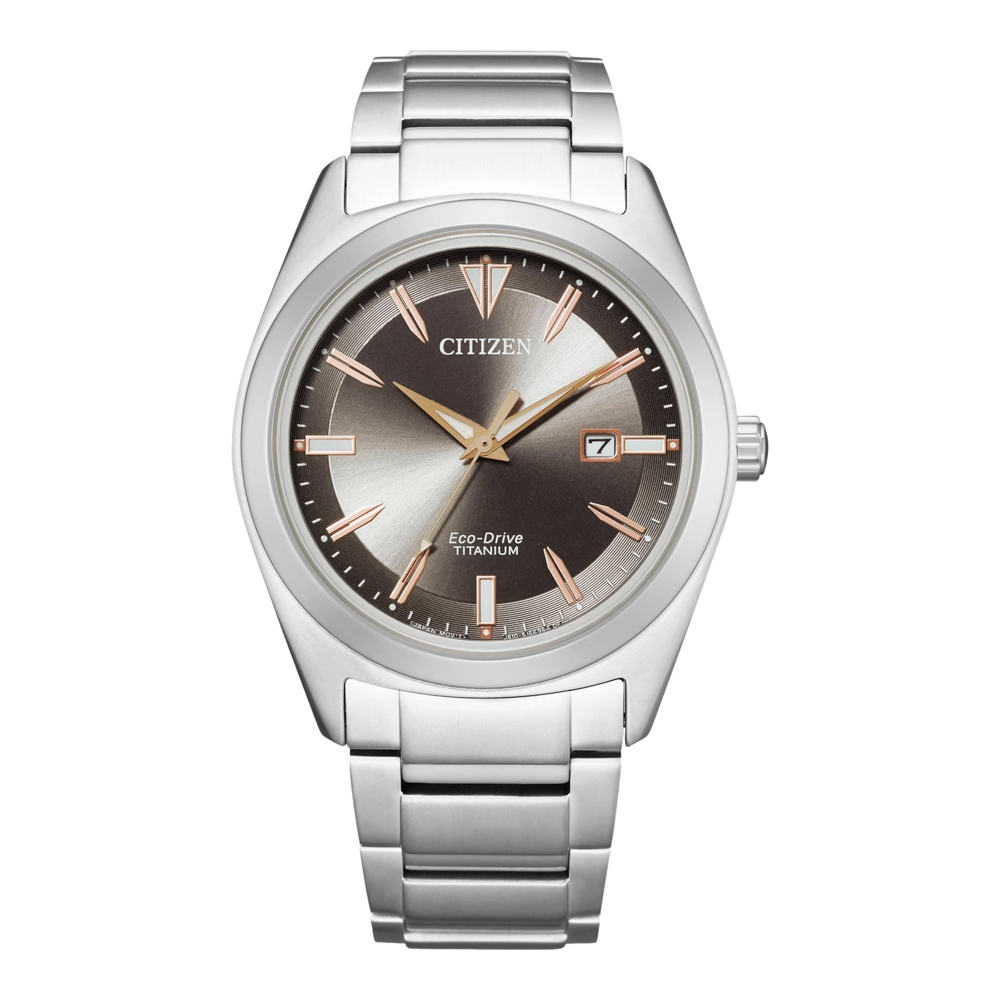 Citizen-Uhr mit silbernem Armband und braunem Zifferblatt mit goldenen Akzenten.