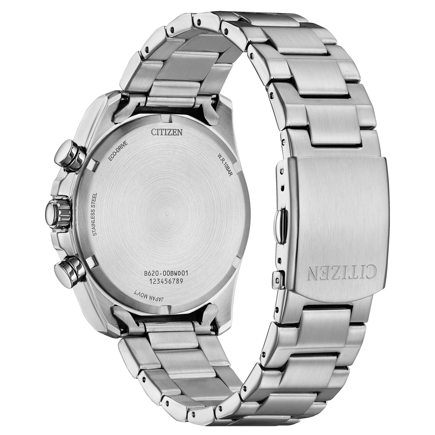 Citizen-Uhrrückseite, Edelstahl, Eco-Drive, W.R.10BAR, Japan Movt.