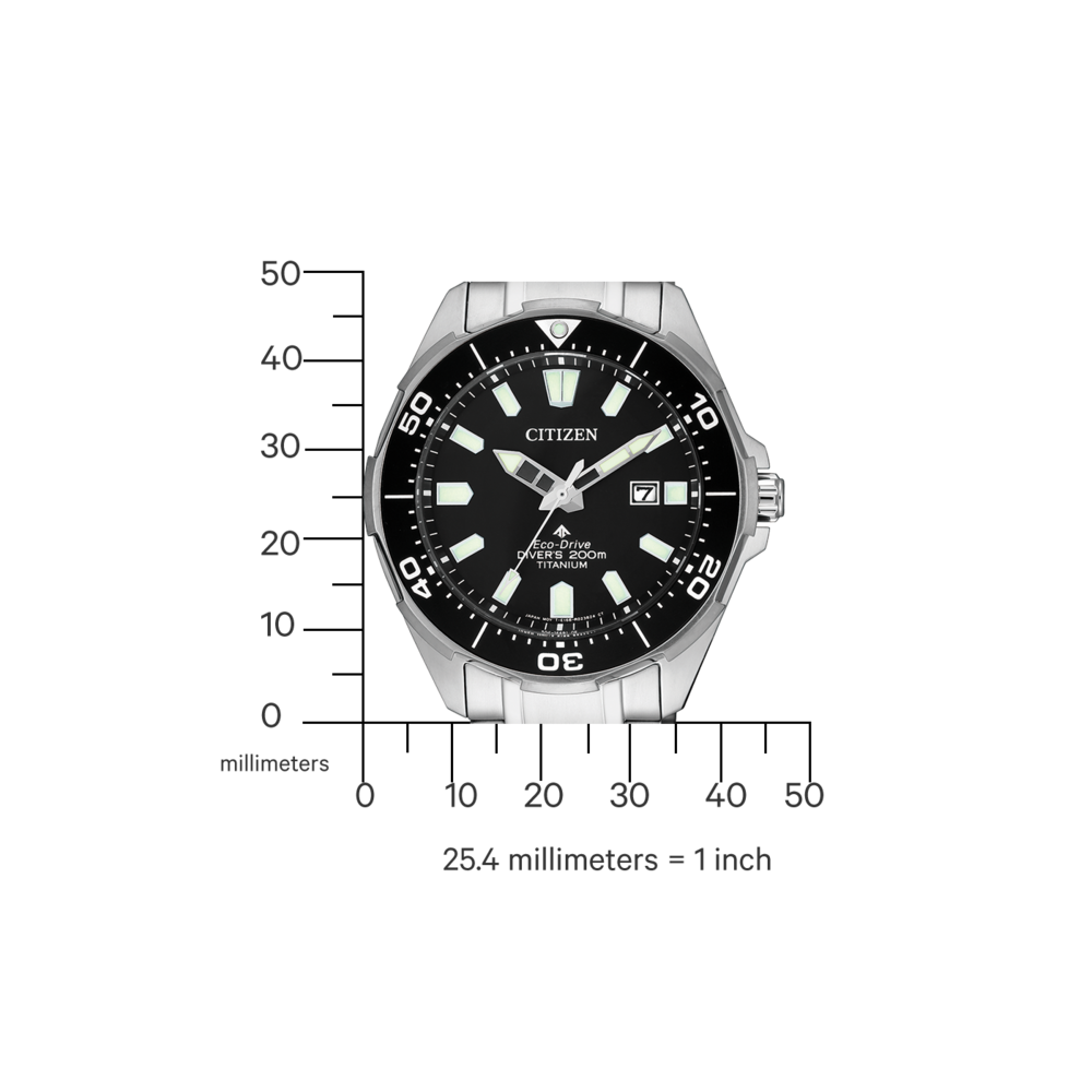 Citizen-Uhr mit schwarzem Zifferblatt, Titan und Maßstab.