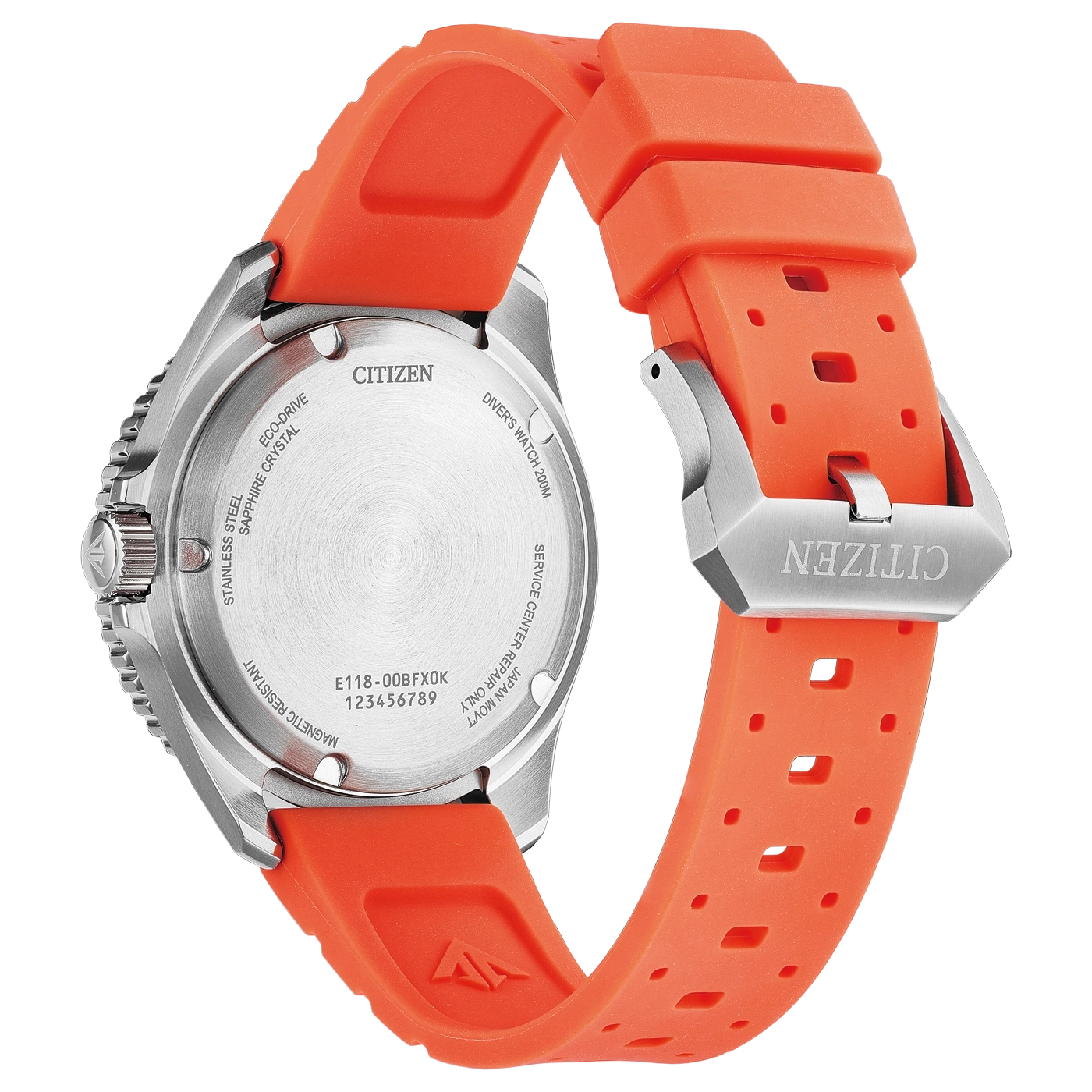 Rückseite einer Citizen Taucheruhr mit orangefarbenem Kautschukarmband.
