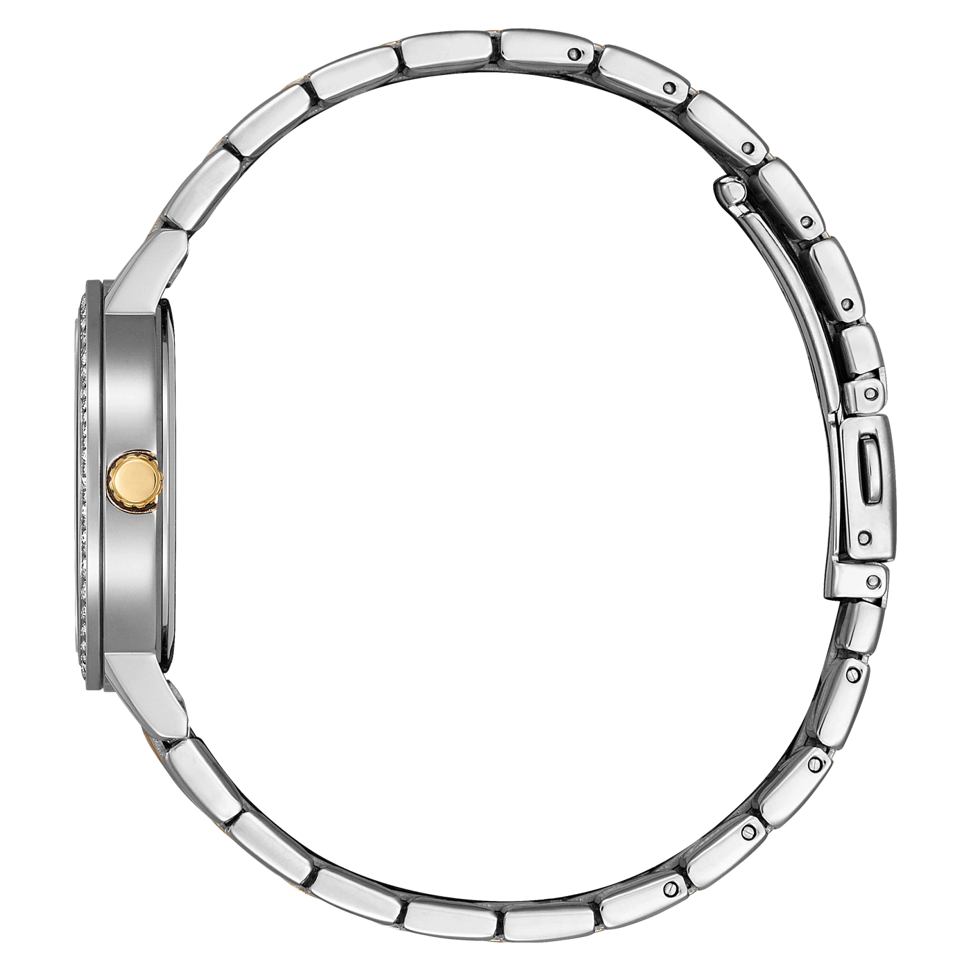 Seitenansicht einer silbernen Uhr mit goldener Krone und Diamantakzenten.