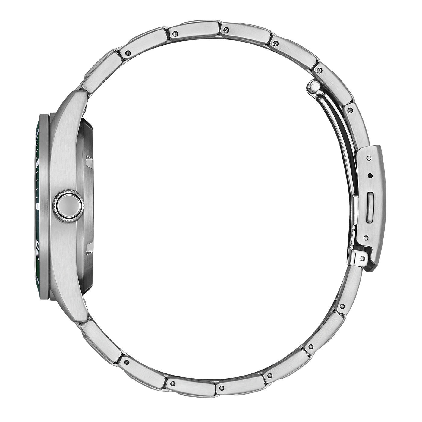 Seitenansicht einer silbernen Uhr mit Metallarmband und grünem Zifferblatt.