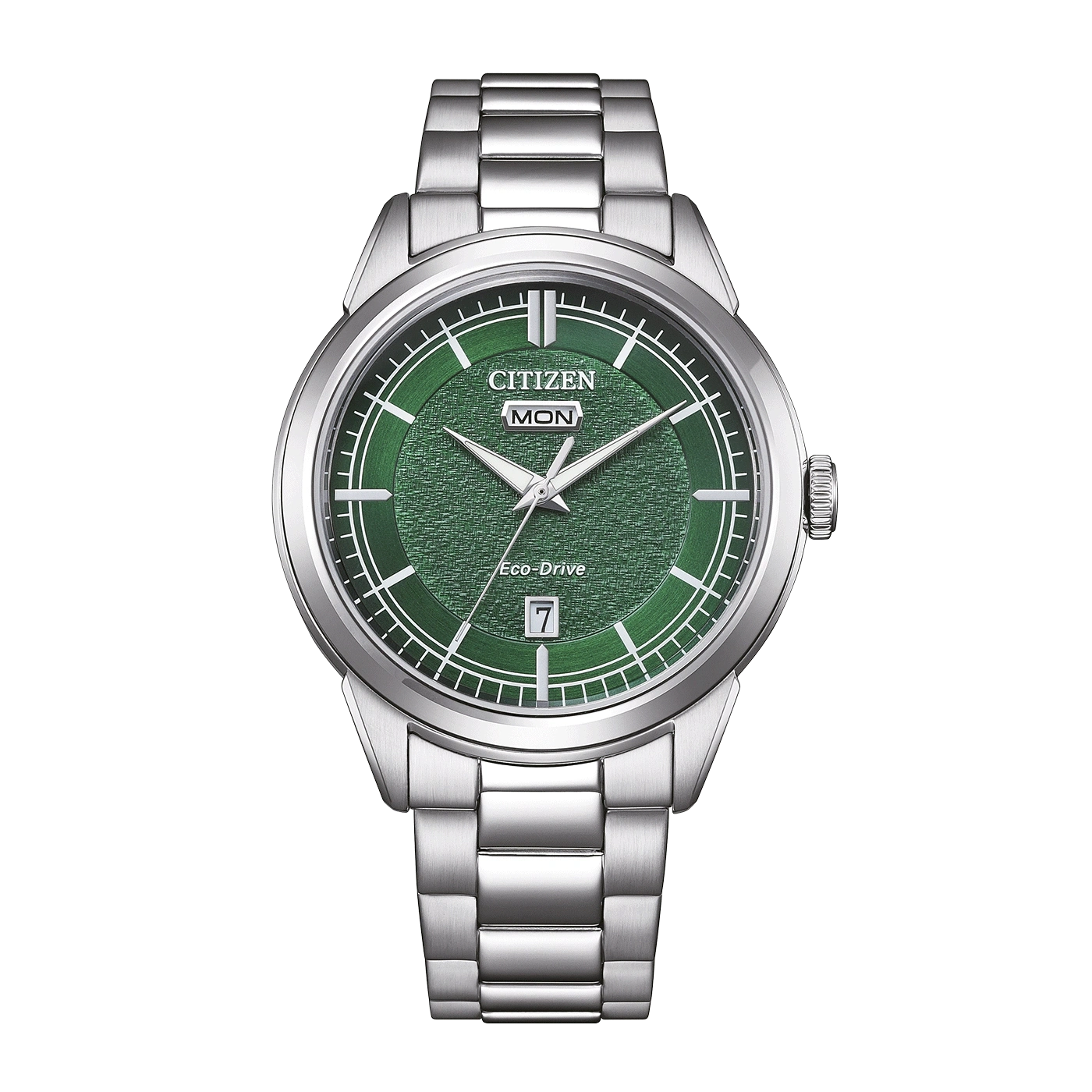 Eine grüne Citizen Eco-Drive Uhr mit silbernem Armband und Tages-/Datumsanzeige.