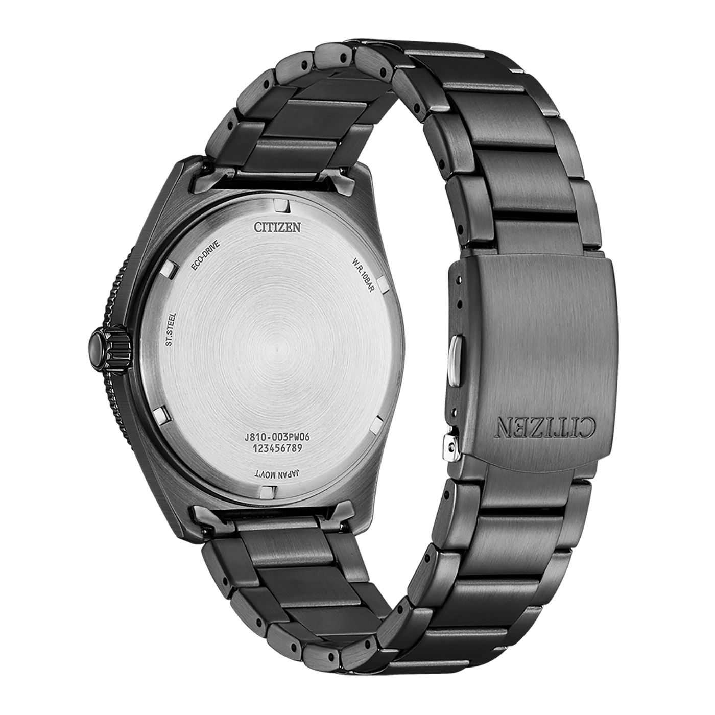 Citizen-Uhrenrückseite, schwarzes Metall, Eco-Drive, W.R. 10BAR, Japan Movt.