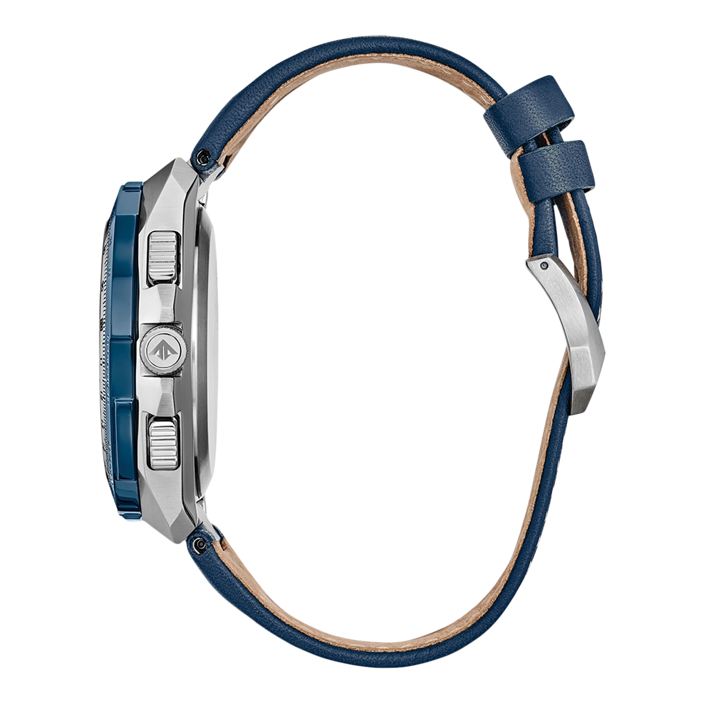 Seitenansicht einer blauen Uhr mit blauem Lederarmband