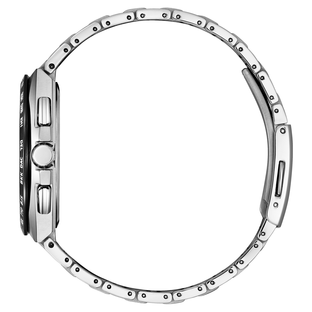 Seitenansicht einer silbernen Armbanduhr mit Metallband, elegantes Design.