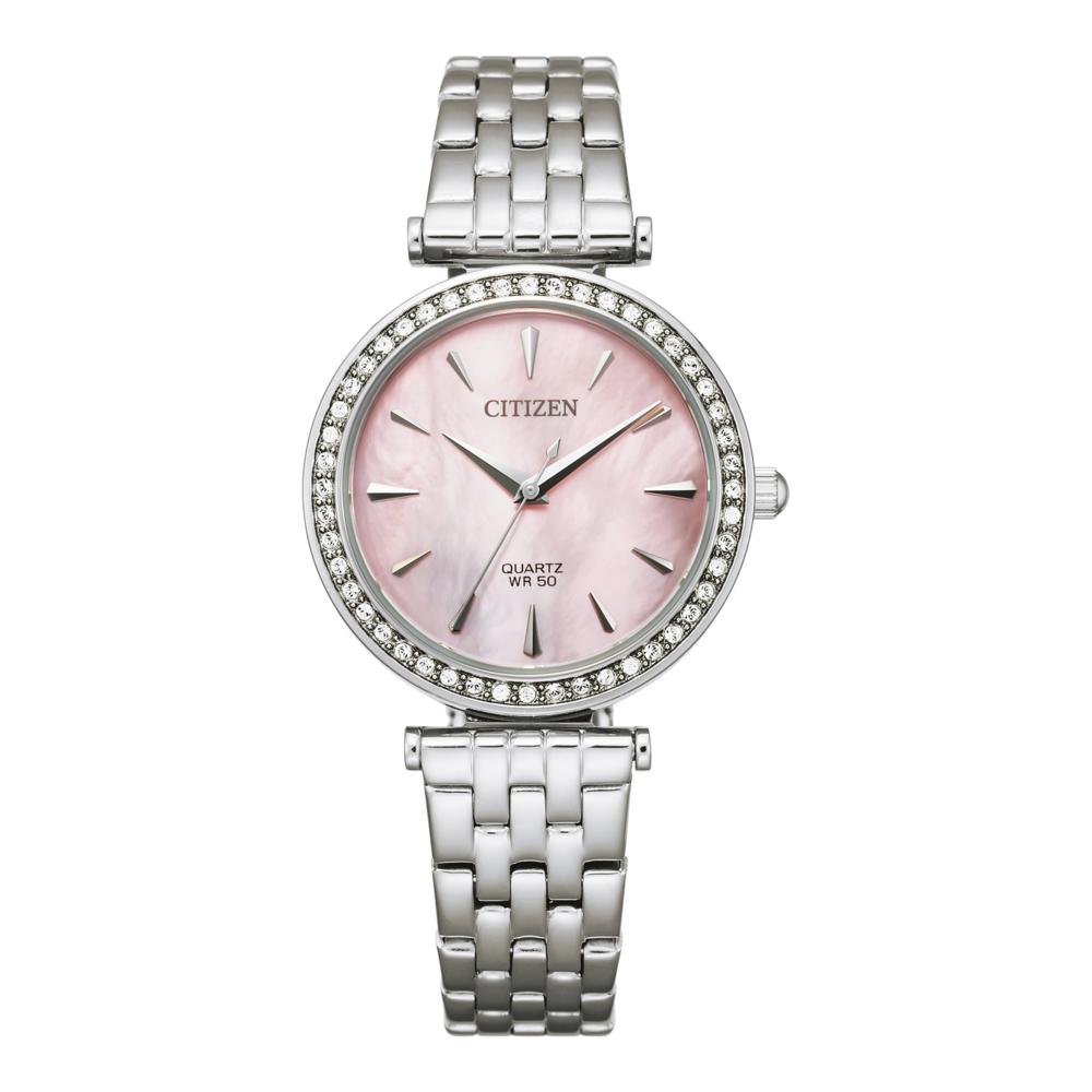 Citizen-Uhr mit rosa Zifferblatt und Diamantlünette, silbernes Armband