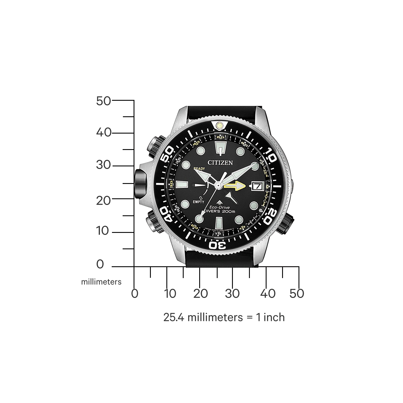Citizen-Uhr mit schwarzem Zifferblatt, Tiefenmesser und Eco-Drive-Technologie.