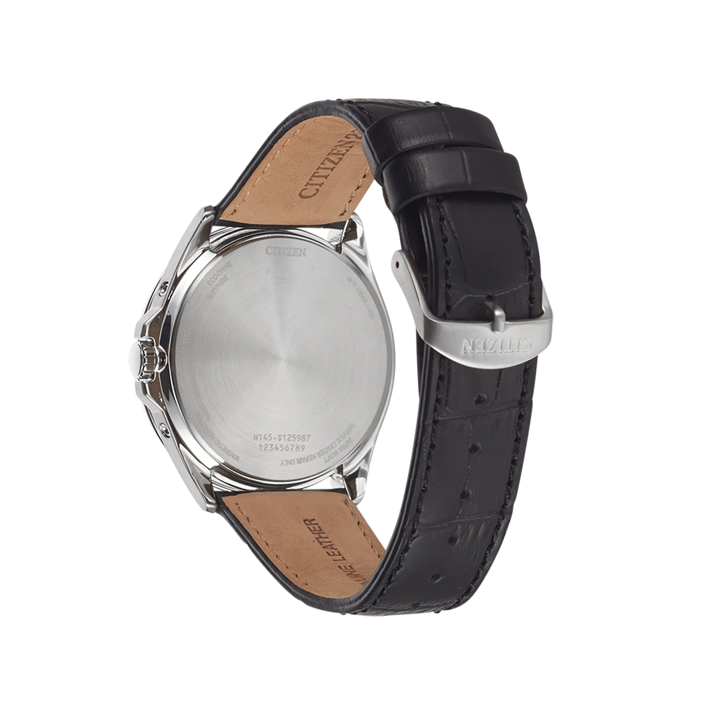 Citizen-Uhrrückseite mit Lederarmband, Eco-Drive, Saphir, Stahl und Modellnummer.