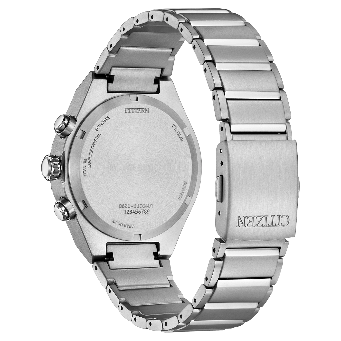 Citizen-Uhrenrückseite, Titan, Saphirkristall, Eco-Drive, W.R.10BAR, Japan Movt.