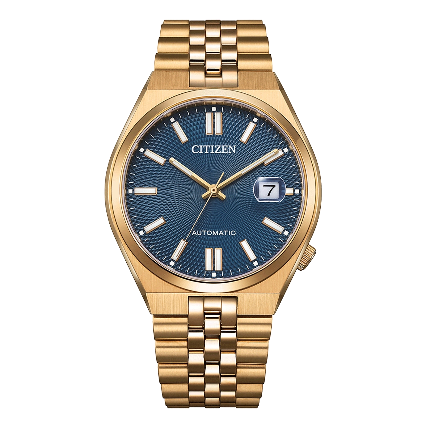 Goldene Citizen-Uhr mit blauem Zifferblatt und Datumsanzeige, Automatikwerk.