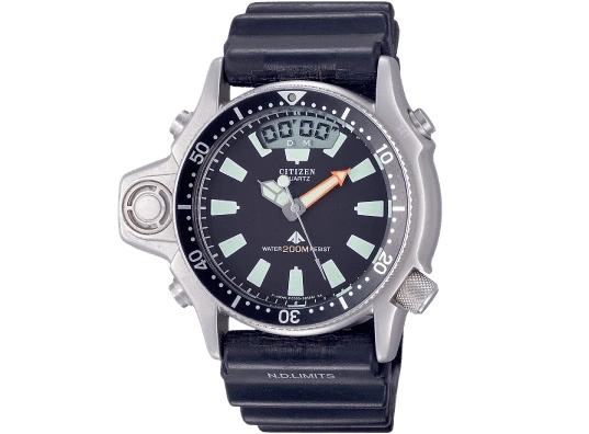Citizen Quarz-Uhr mit schwarzem Zifferblatt und Kautschukband, wasserdicht bis 200m