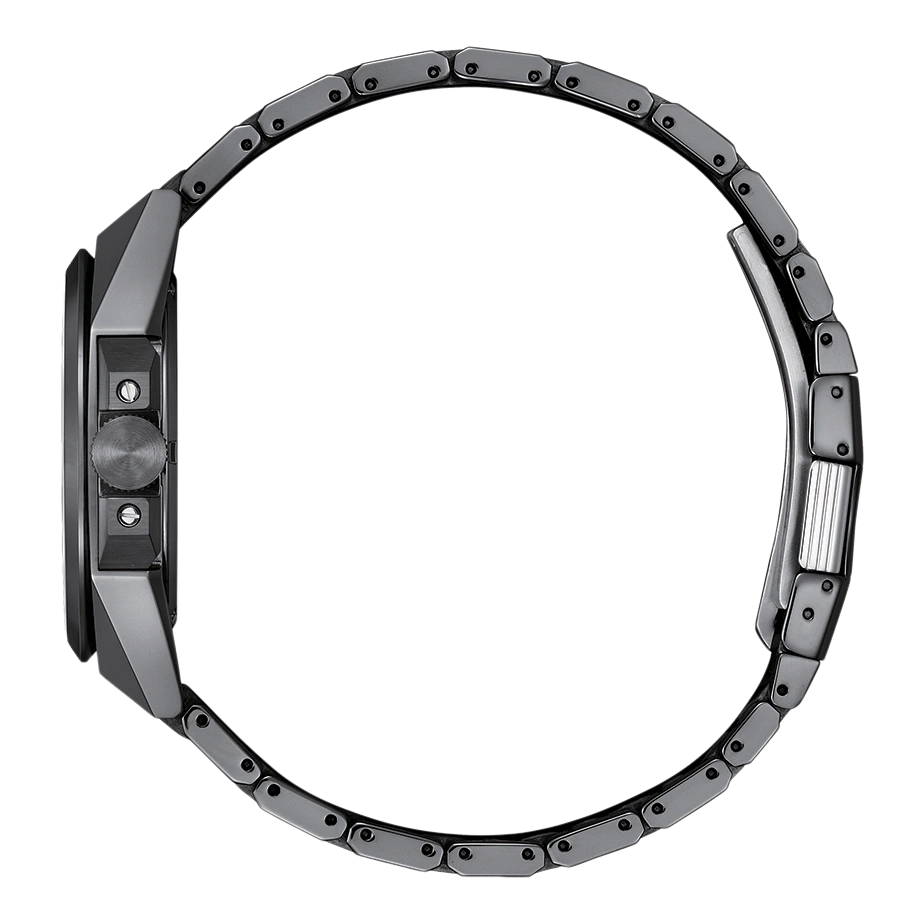 Seitenansicht einer dunkelgrauen Uhr mit Metallband, Nahaufnahme.