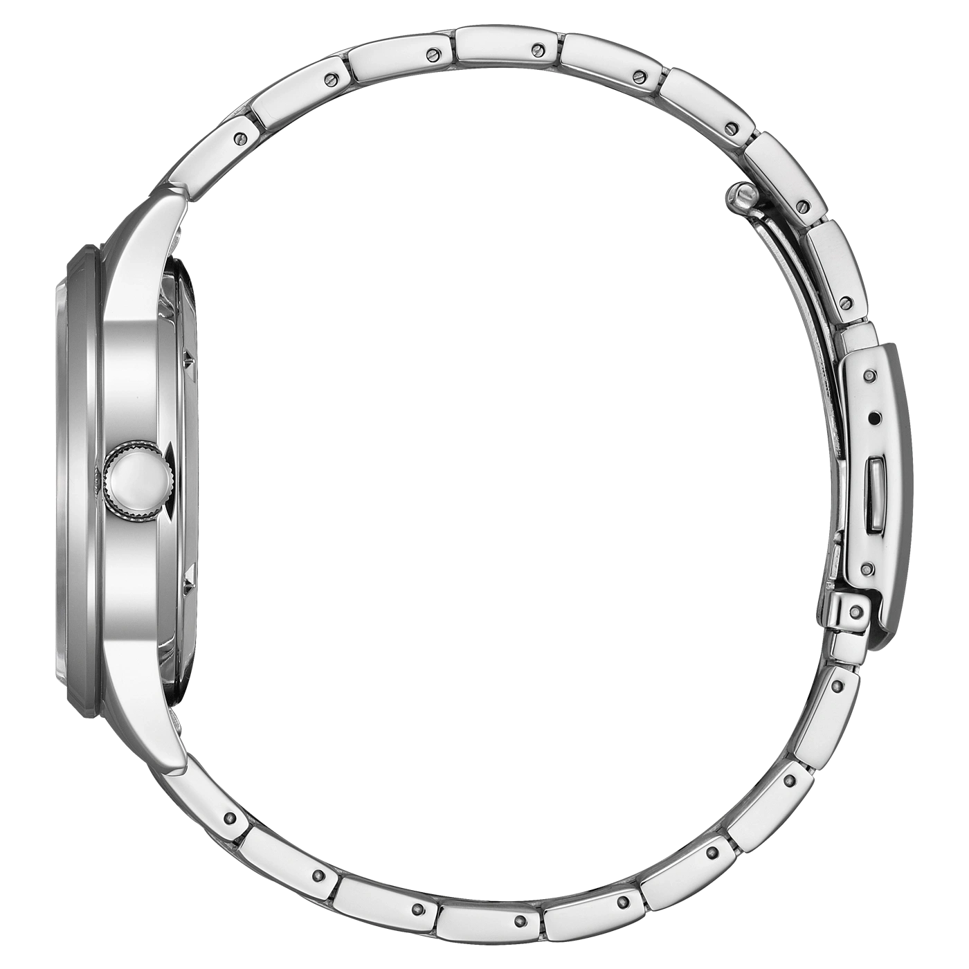 Seitenansicht einer silbernen Armbanduhr mit Metallband, elegantes Design.