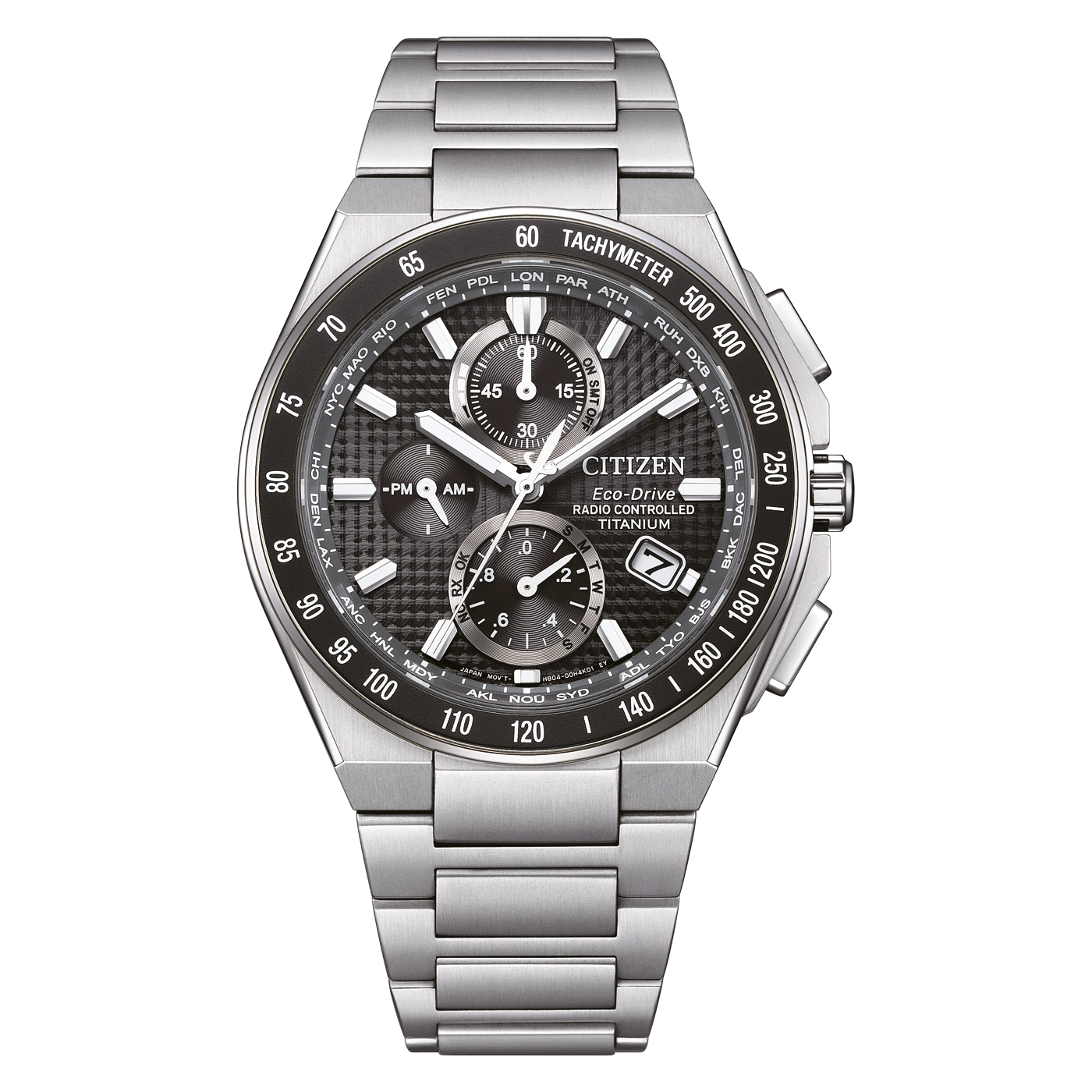 Eine Citizen Eco-Drive Funkuhr aus Titan mit schwarzem Zifferblatt und silbernem Armband.