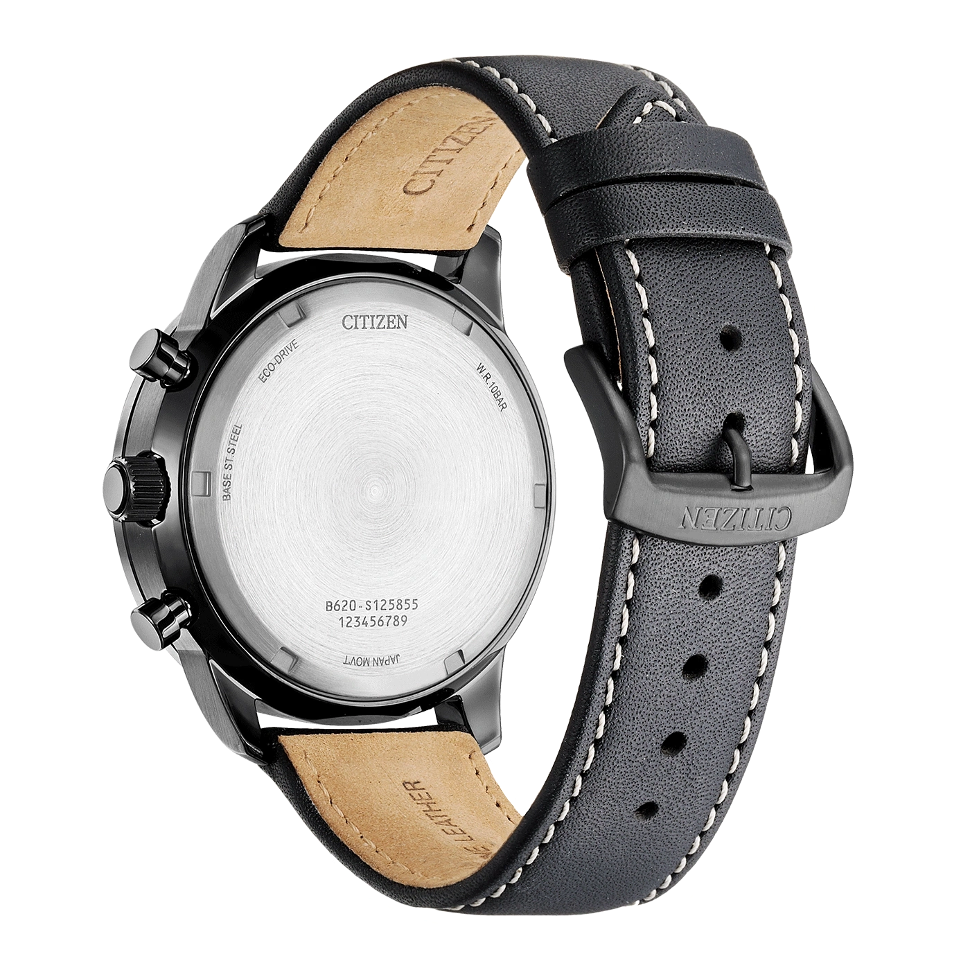 Citizen-Uhr, Rückseite, schwarzes Lederarmband, Eco-Drive, Edelstahl, japanisches Uhrwerk.