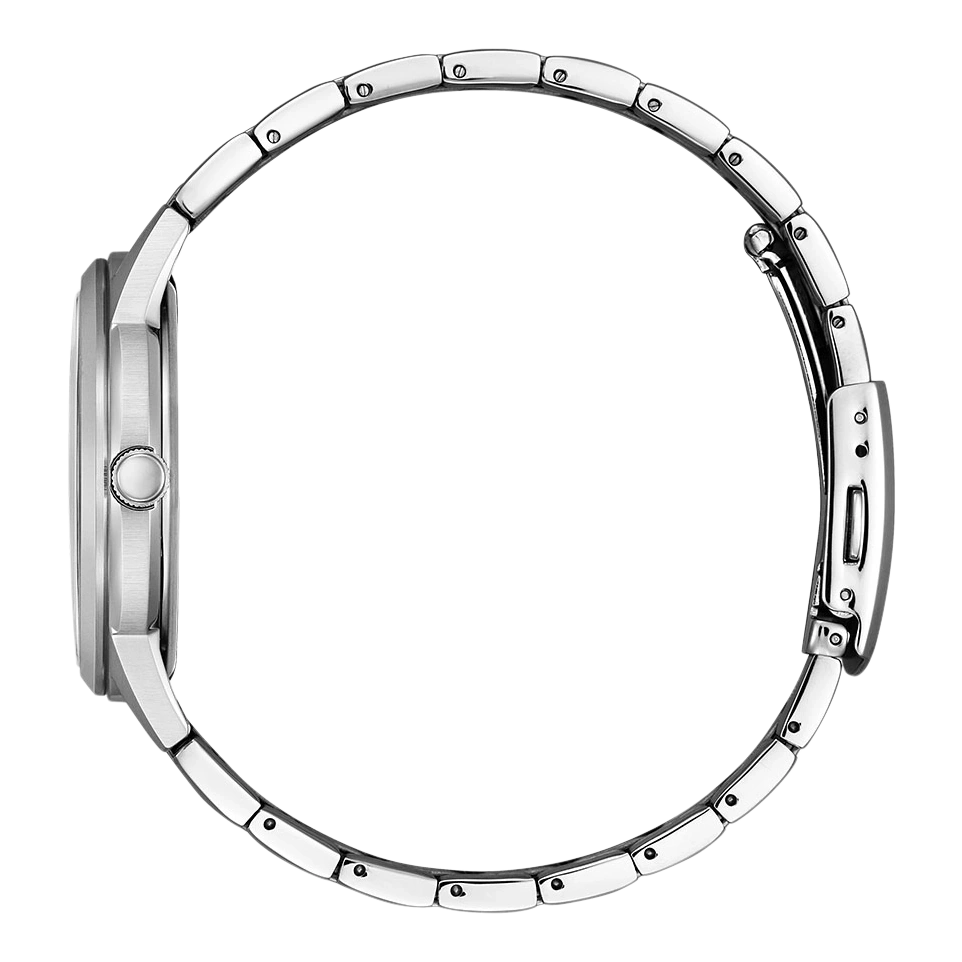 Seitenansicht einer silbernen Armbanduhr mit Metallband, elegantes Design.
