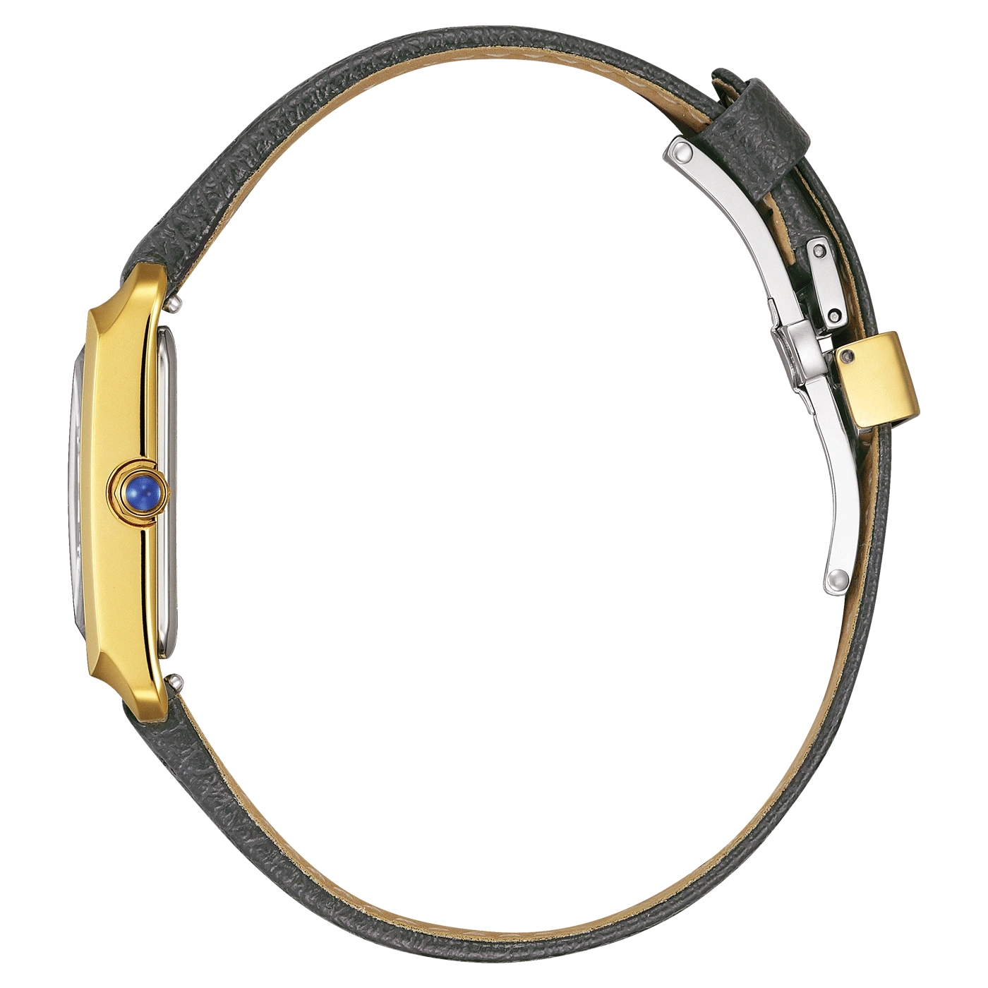 Goldene Uhr mit blauem Edelstein und schwarzem Lederarmband, Seitenansicht.
