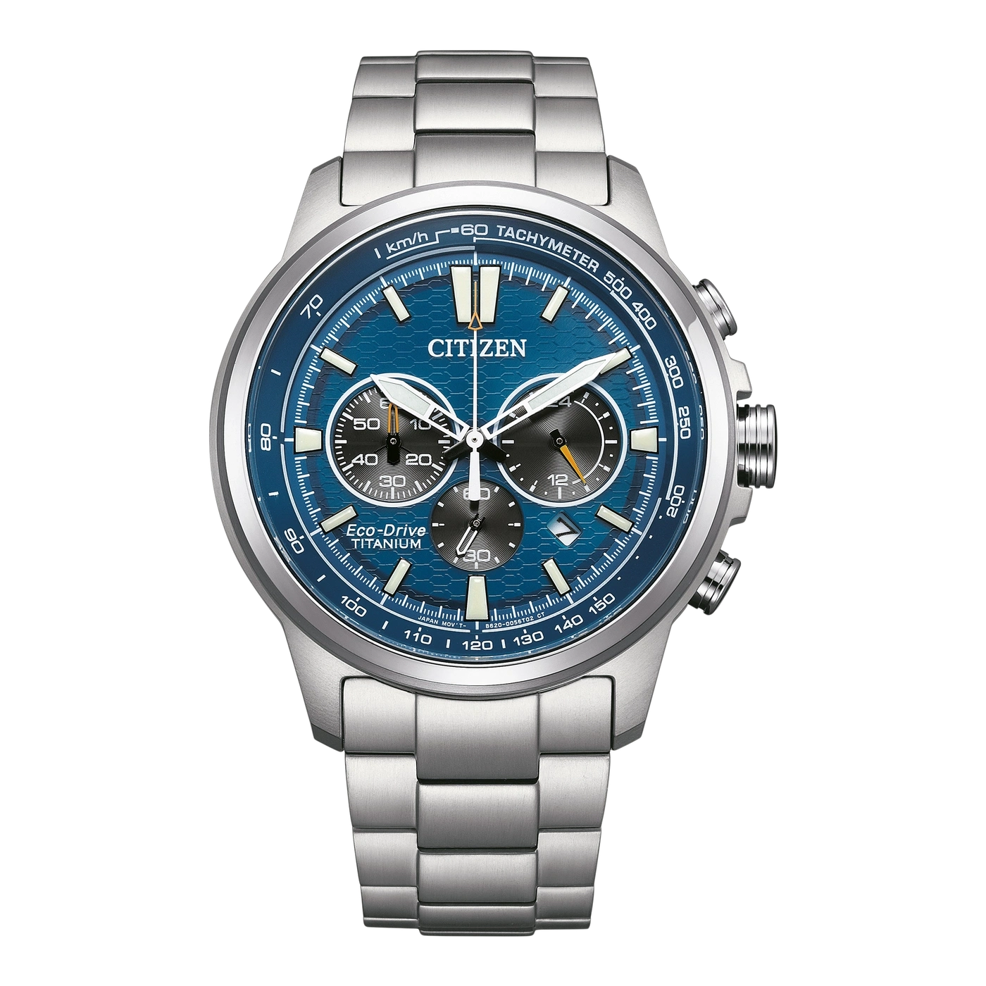 Citizen-Uhr mit blauem Zifferblatt und Titanarmband, Chronographenfunktion.