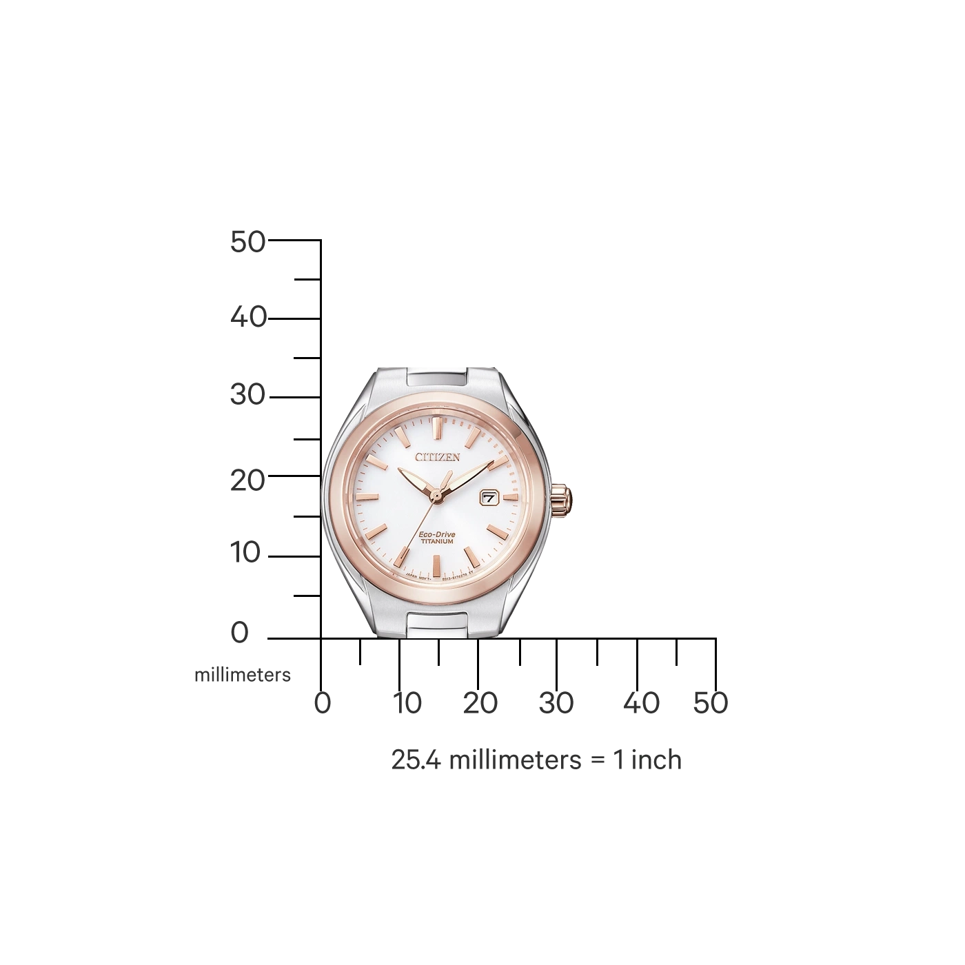 Citizen-Uhr mit weißem Zifferblatt, roségoldfarbenen Akzenten und Titanband. Eco-Drive-Technologie.