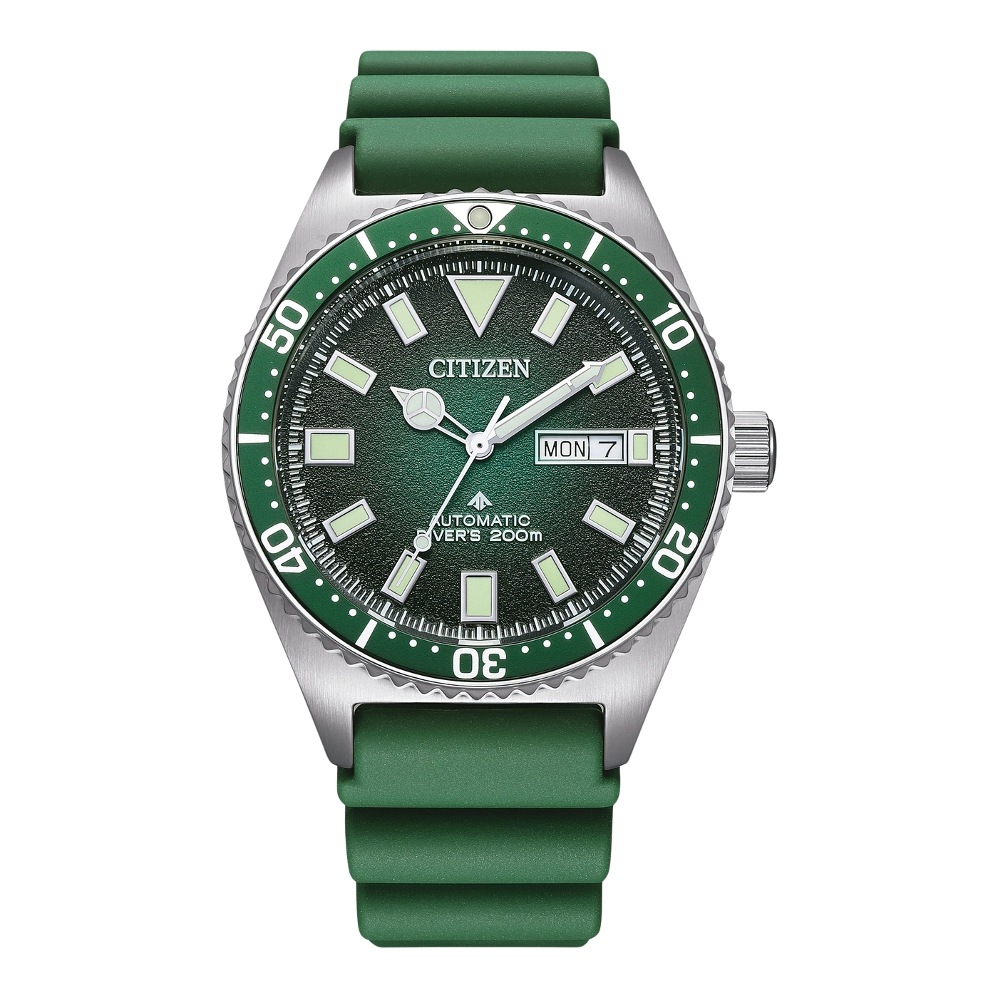 Grüne Citizen-Uhr mit grünem Armband und grünem Zifferblatt, silberne Lünette.