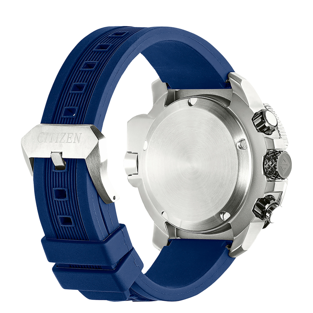 Citizen-Uhr mit blauem Armband, Edelstahlgehäuse und schwarzen Knöpfen.