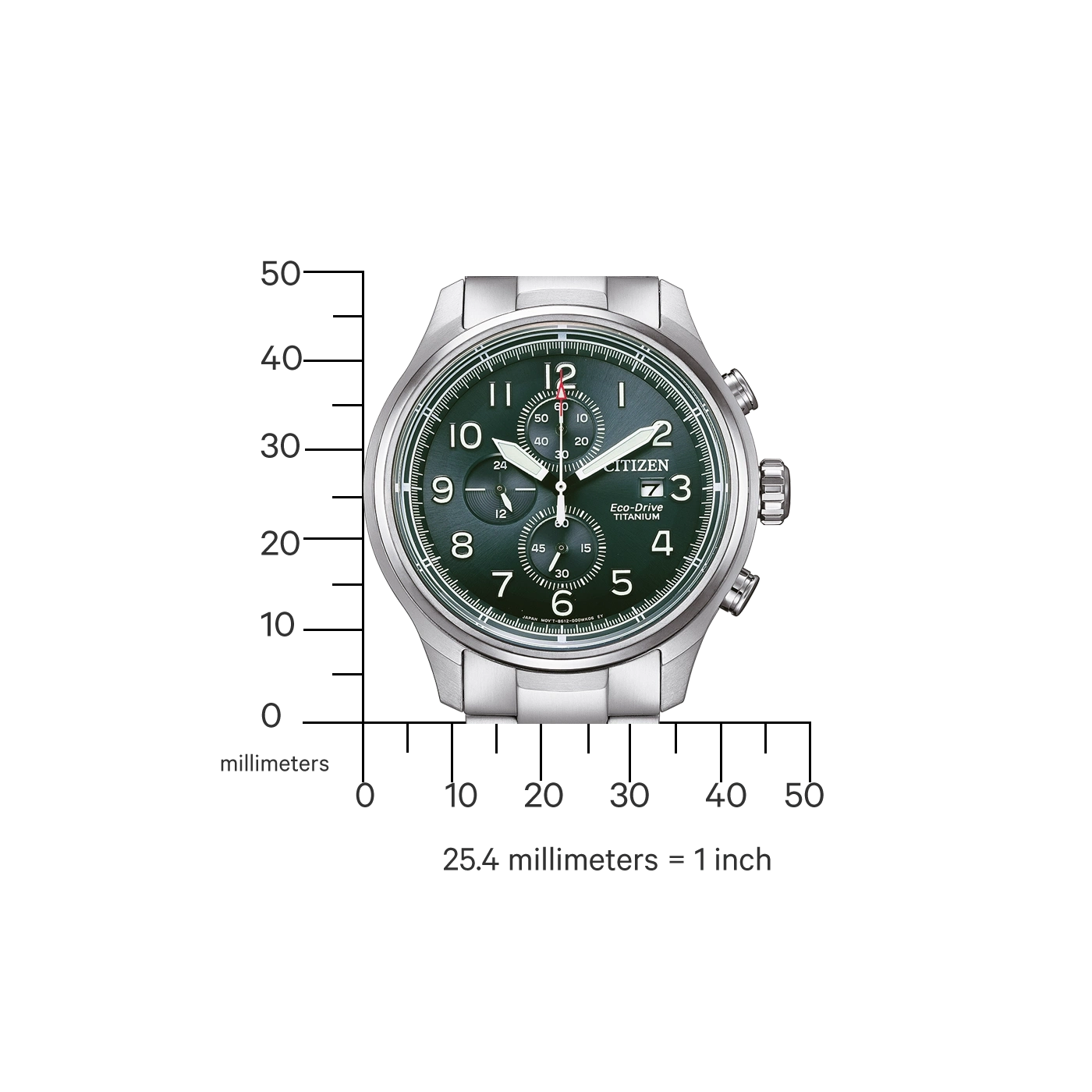 Citizen-Uhr mit grünem Zifferblatt, Titan, Chronograph, Eco-Drive, mit Messungen.