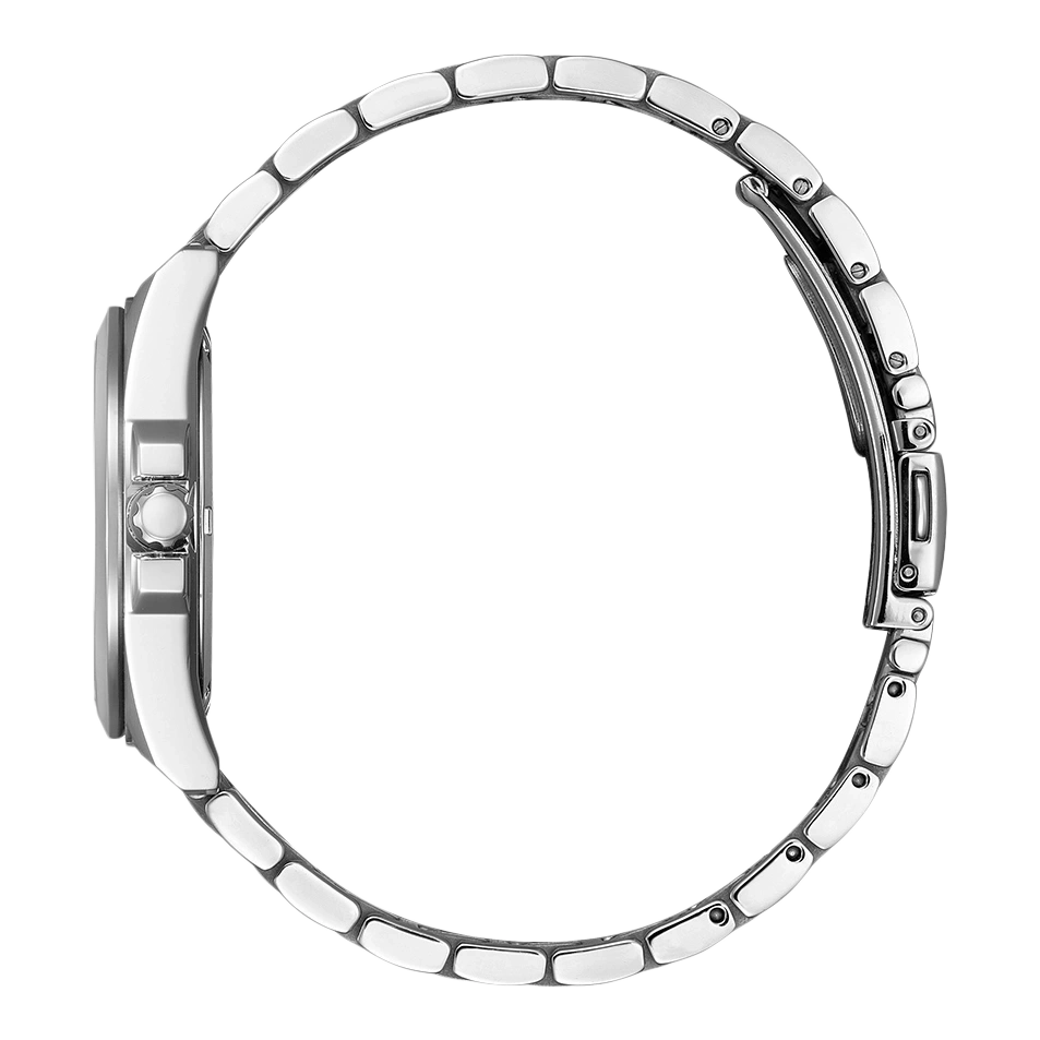 Seitenansicht einer silbernen Armbanduhr mit Metallband und Verschluss.