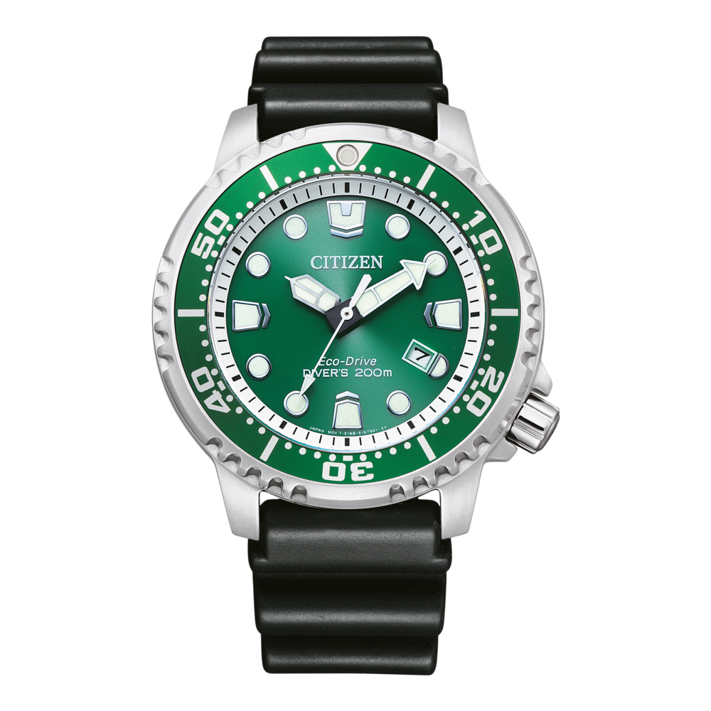 Citizen Eco-Drive Taucheruhr mit grünem Zifferblatt und schwarzem Armband.