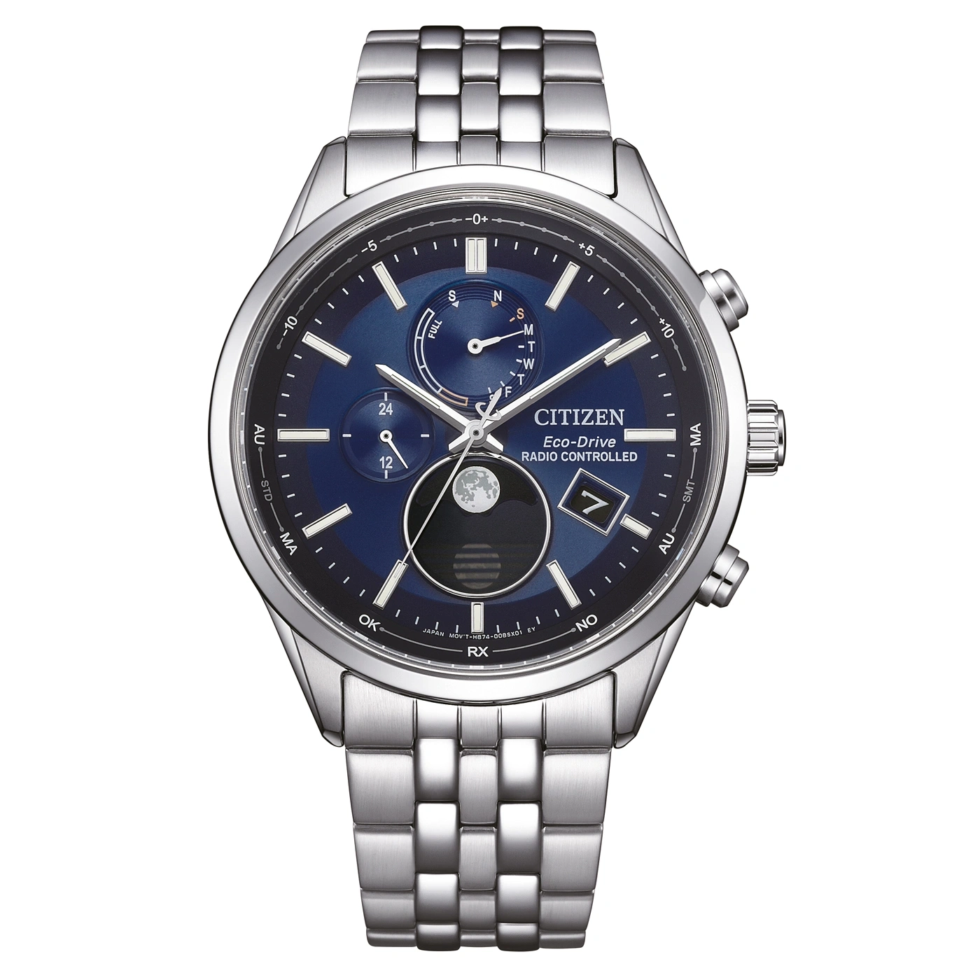 Citizen Eco-Drive Uhr mit blauem Zifferblatt, silbernem Armband und mehreren Zifferblättern.