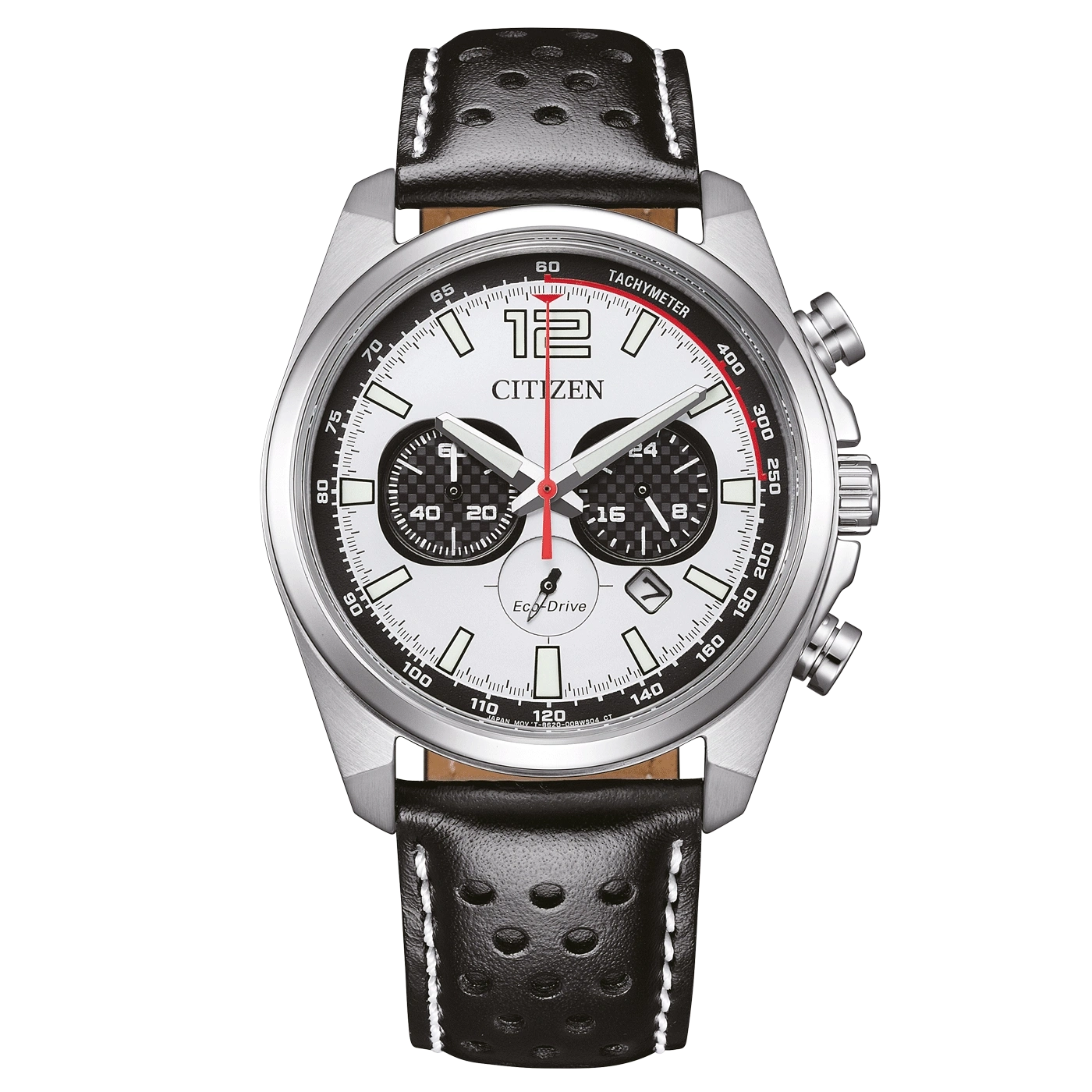 Citizen-Uhr mit schwarzem Lederarmband und weißem Zifferblatt mit Chronographenfunktionen.