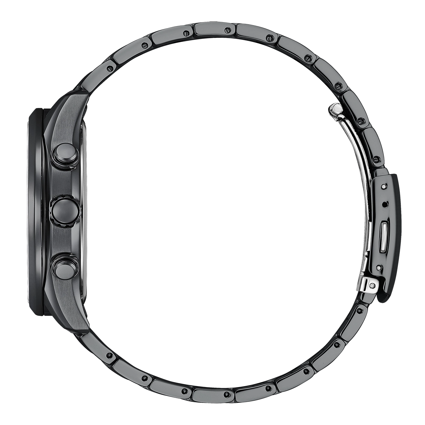 Seitenansicht einer schwarzen Uhr mit schwarzem Armband und Knöpfen.