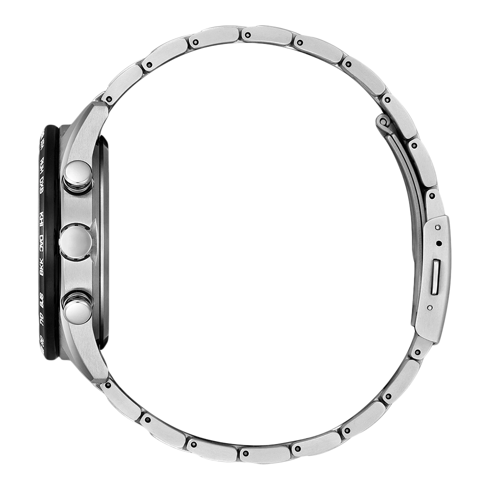 Seitenansicht einer silbernen Armbanduhr mit Metallband und Knöpfen.