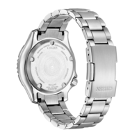 Citizen-Uhrrückseite mit Details: Diver's 200M, Saphir, Japan Movt und Seriennummern.