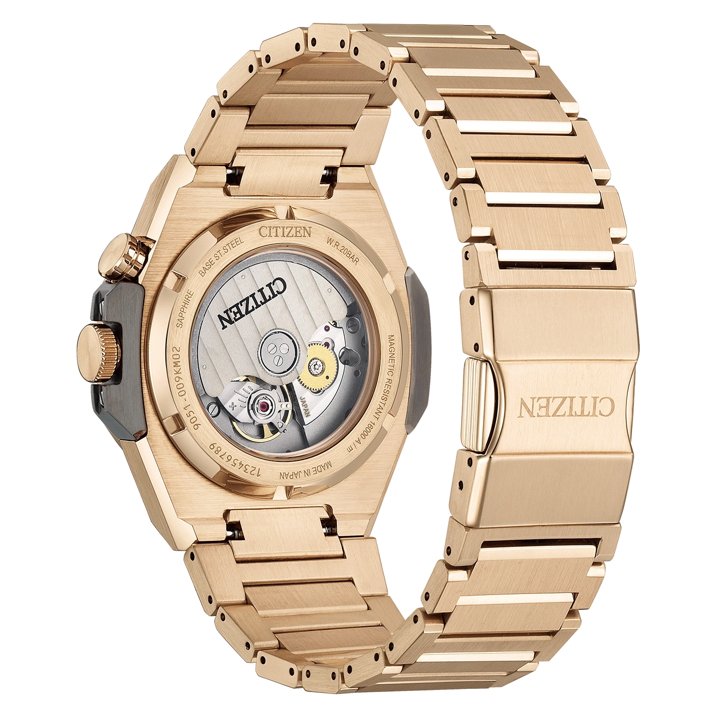 Citizen-Uhr, Rückseite, Gold, Saphir, japanisches Uhrwerk, wasserdicht, magnetisch.
