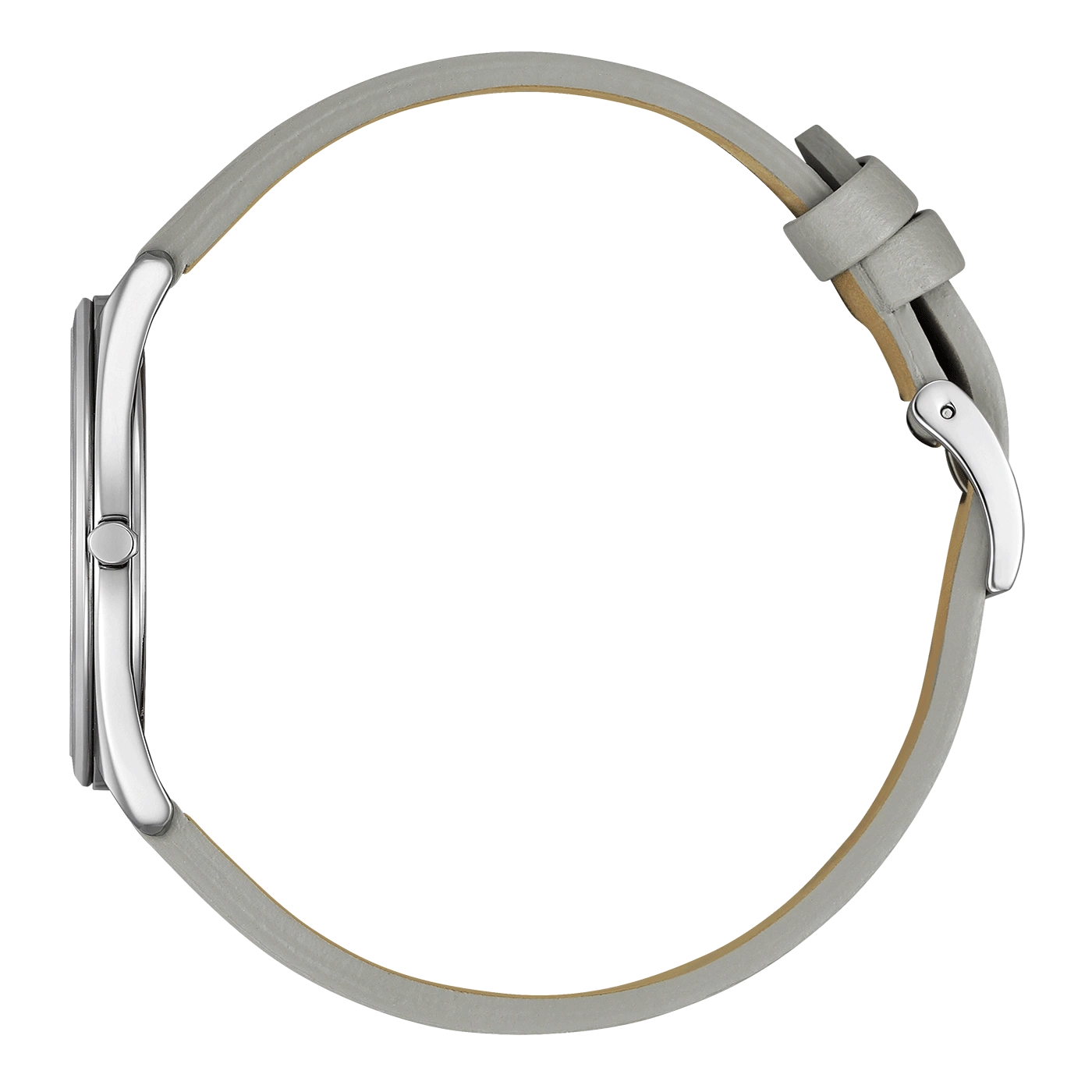 Seitenansicht einer silbernen Uhr mit grauem Lederarmband auf grünem Hintergrund.