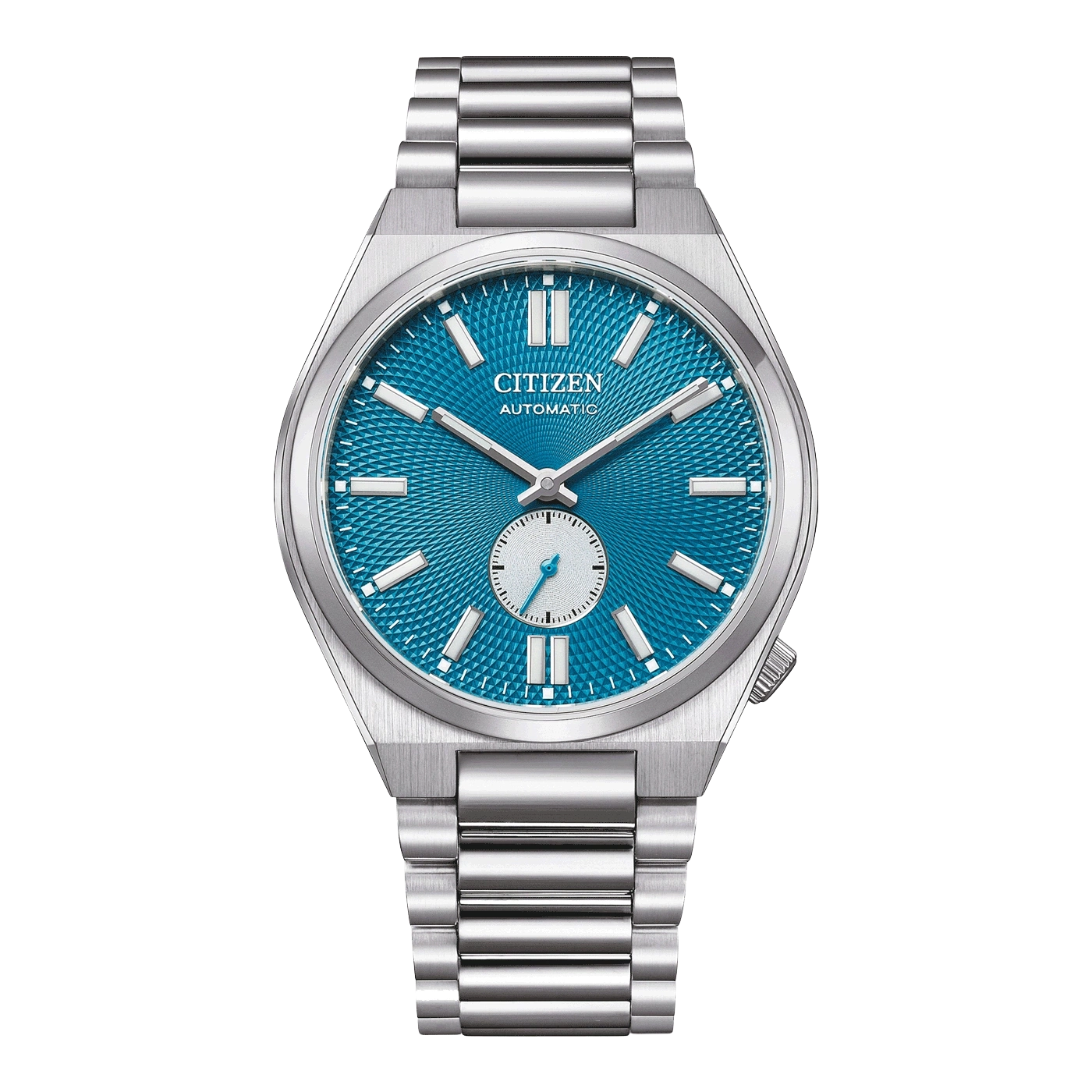 Citizen Automatikuhr mit blauem Zifferblatt und silbernem Armband.