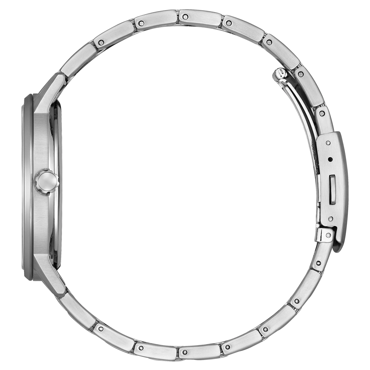 Silberne Uhr mit Metallarmband, Seitenansicht, isoliert auf weißem Hintergrund.