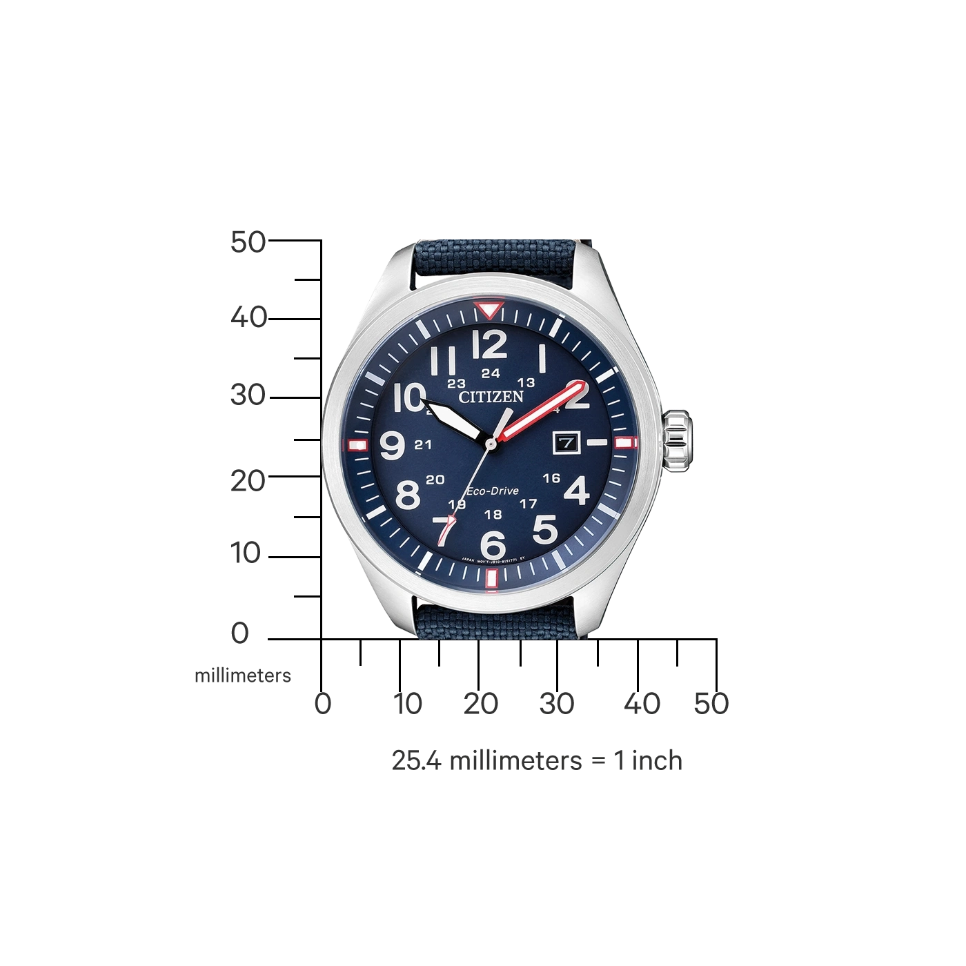 Citizen-Uhr mit blauem Zifferblatt, Zahlen und blauem Armband. Eco-Drive.
