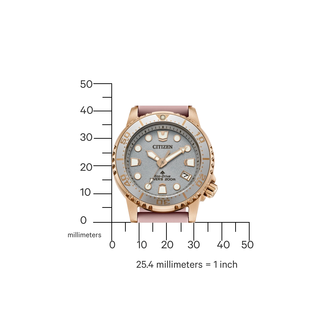 Citizen-Uhr mit rosa Armband und grauem Zifferblatt, das die Uhrzeit anzeigt.