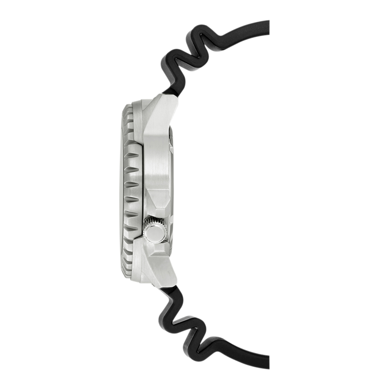 Seitenansicht einer silbernen Uhr mit schwarzem, wellenförmigem Armband auf weißem Hintergrund.