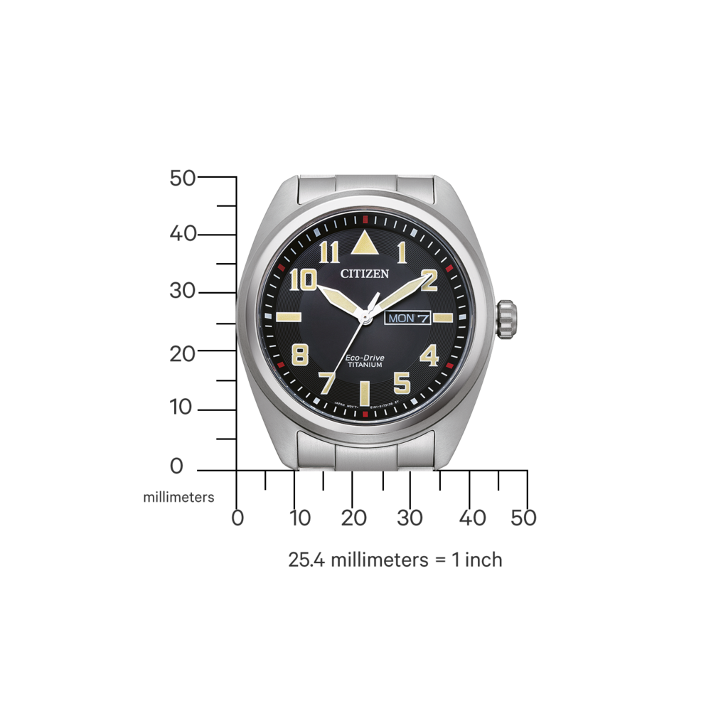 Citizen-Uhr mit schwarzem Zifferblatt, Titan, Eco-Drive und Tagesanzeige.